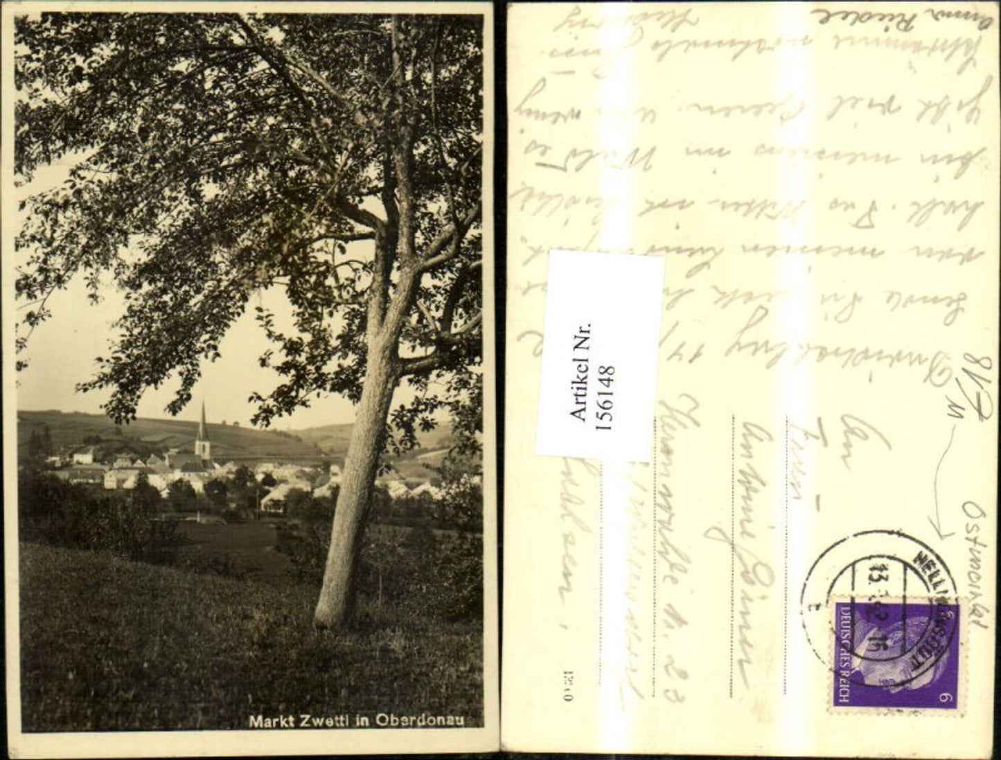 156148,Markt Zwettl Ansicht m. Baum 1942 Hellmonsödt