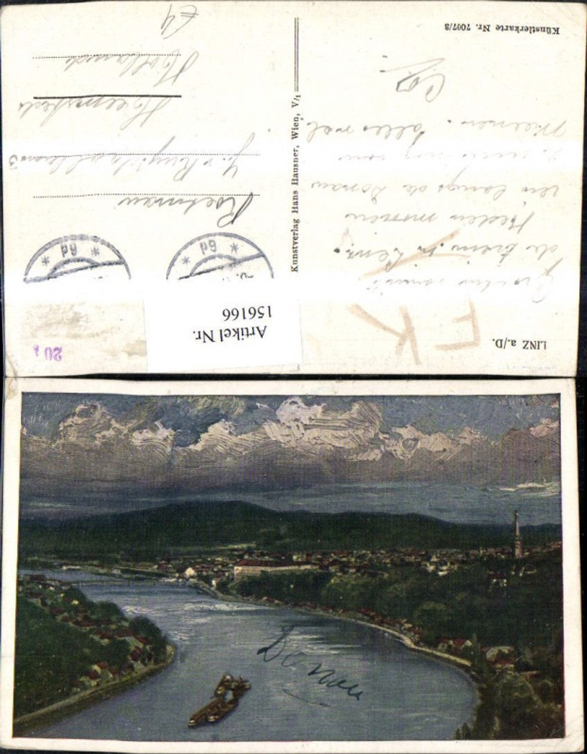 156166,Linz Ansicht Donau m. Schiff Dampfer Künstler Ak