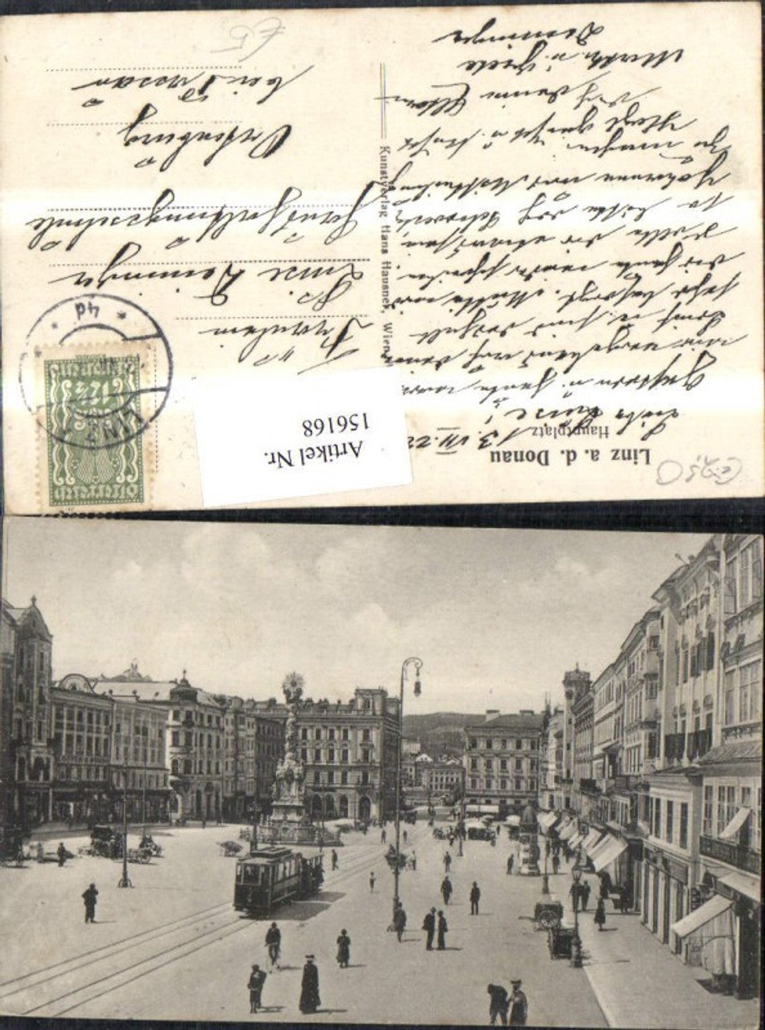 156168,Linz Hauptplatz m. Strassenbahn Säule Personen 1922
