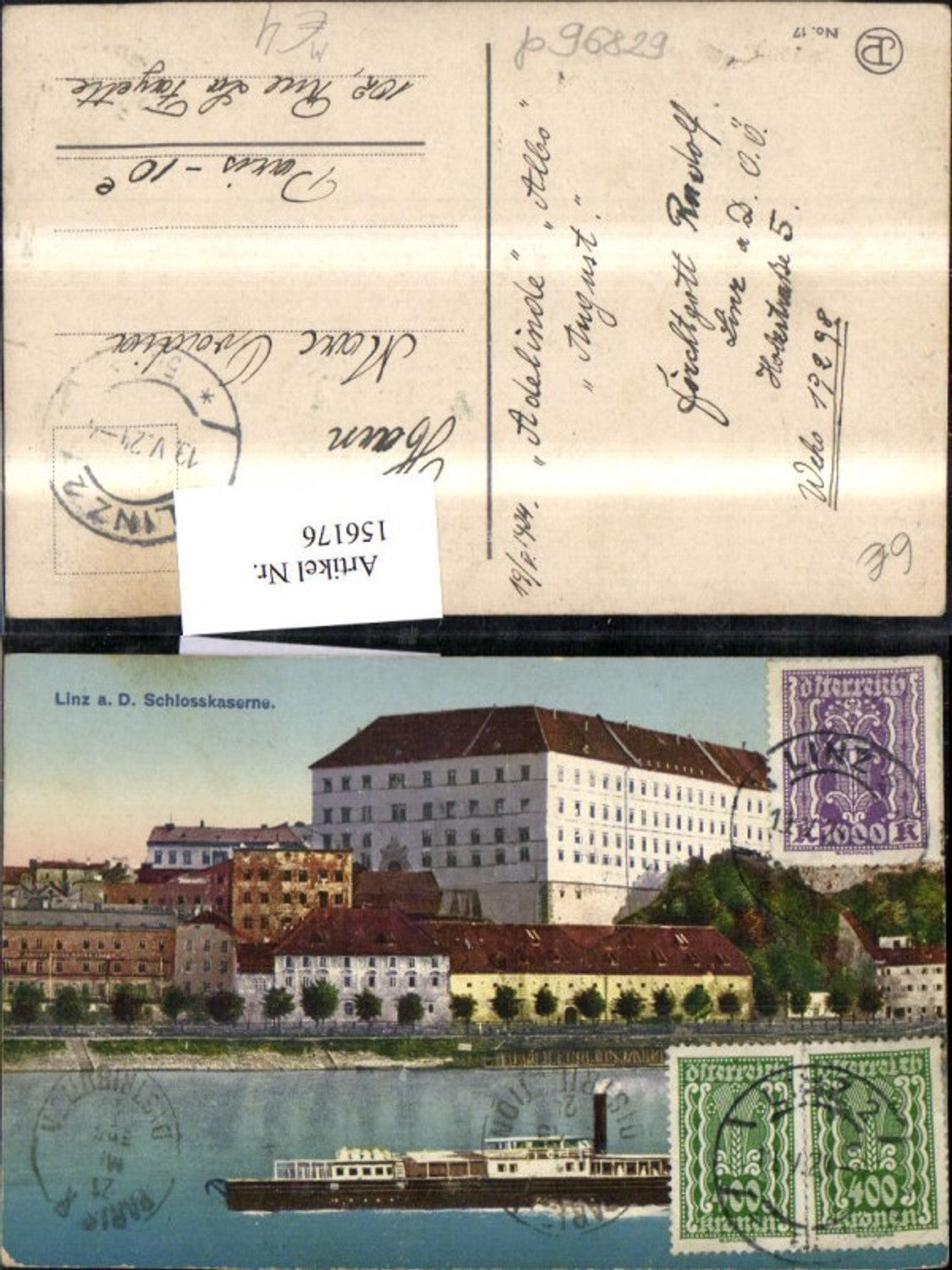 156176,Linz Schlosskaserne Ansicht Schiff Dampfer 1924