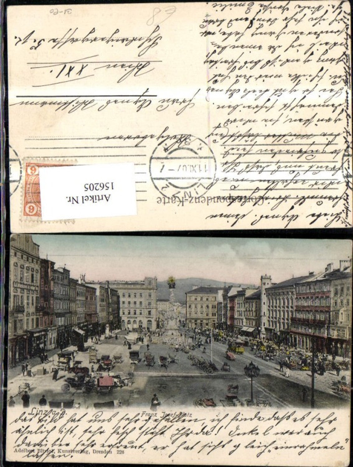 156205,Linz Franz Josef Platz Hauptplatz Ansicht Säule Strassenbahn Kutsche Personen 1907