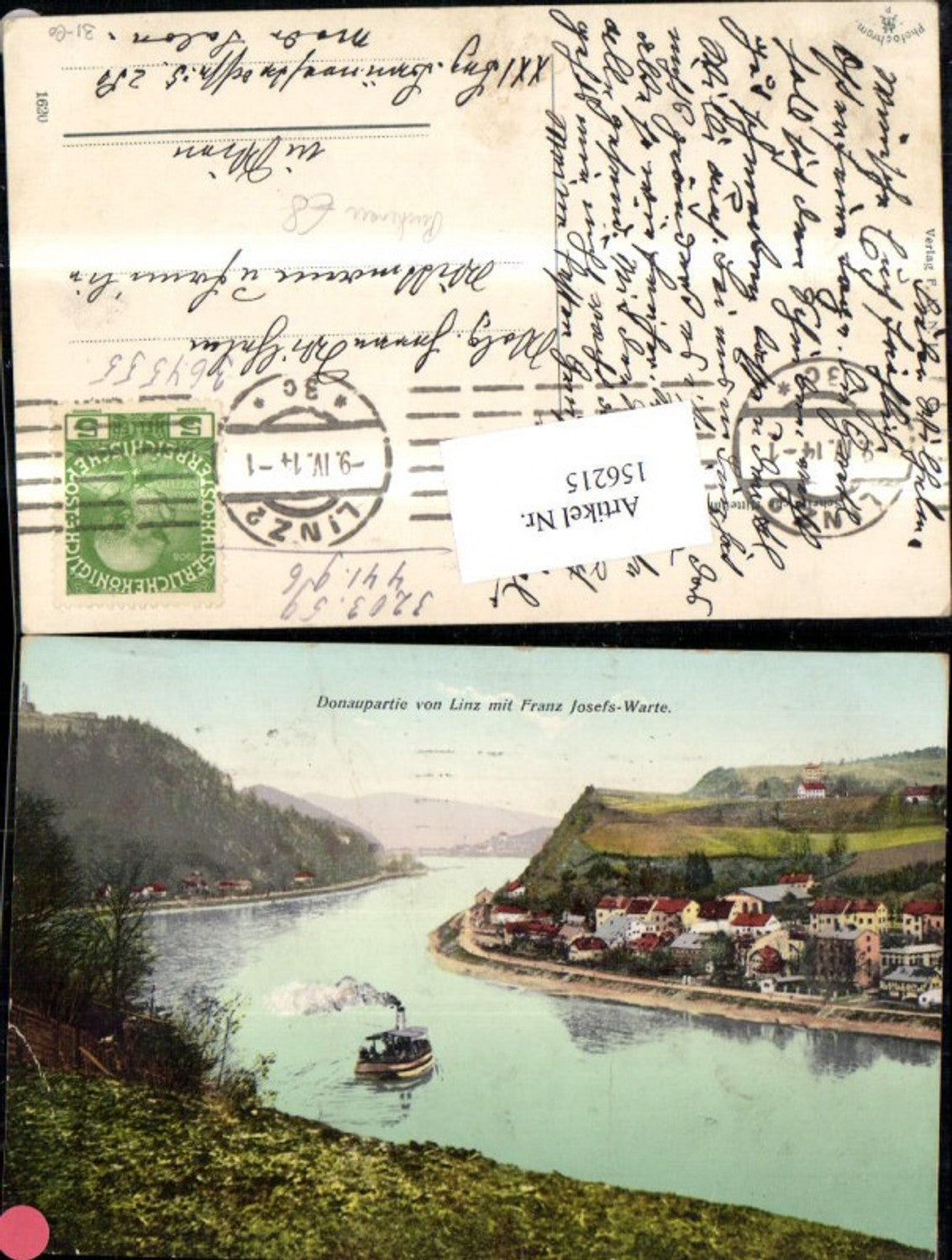 156215,Linz Puchenau Donaupartie v. Linz m. Franz Josefs Warte Schiff Dampfer 1914
