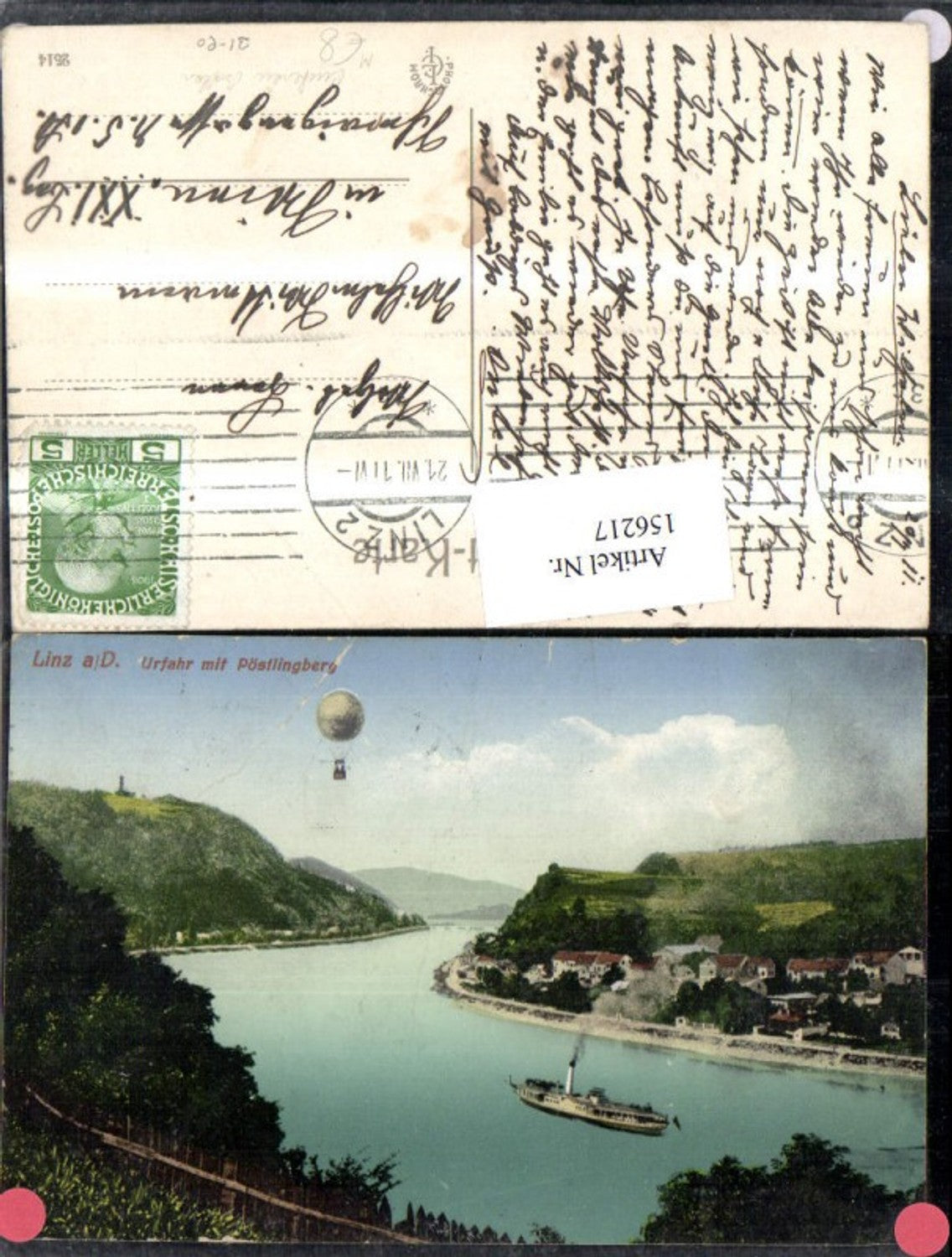 156217,Linz Urfahr m. Pöstlingberg Puchenau Ansicht Schiff Dampfer Ballon Heissluftballon 1911
