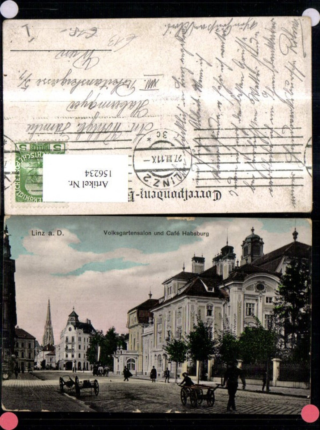 156234,Linz Volksgartensalon u. Cafe Habsburg Ansicht m. Handkarren u. Personen Kutsche 1911