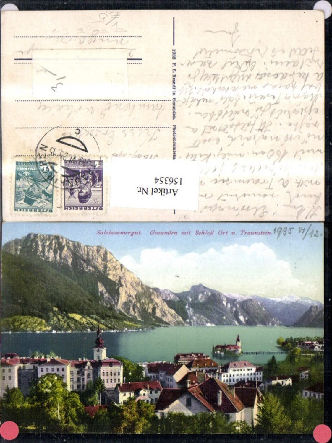 156354,Gmunden m. Schloß Ort u. Traunstein 1935 pub F E Brandt