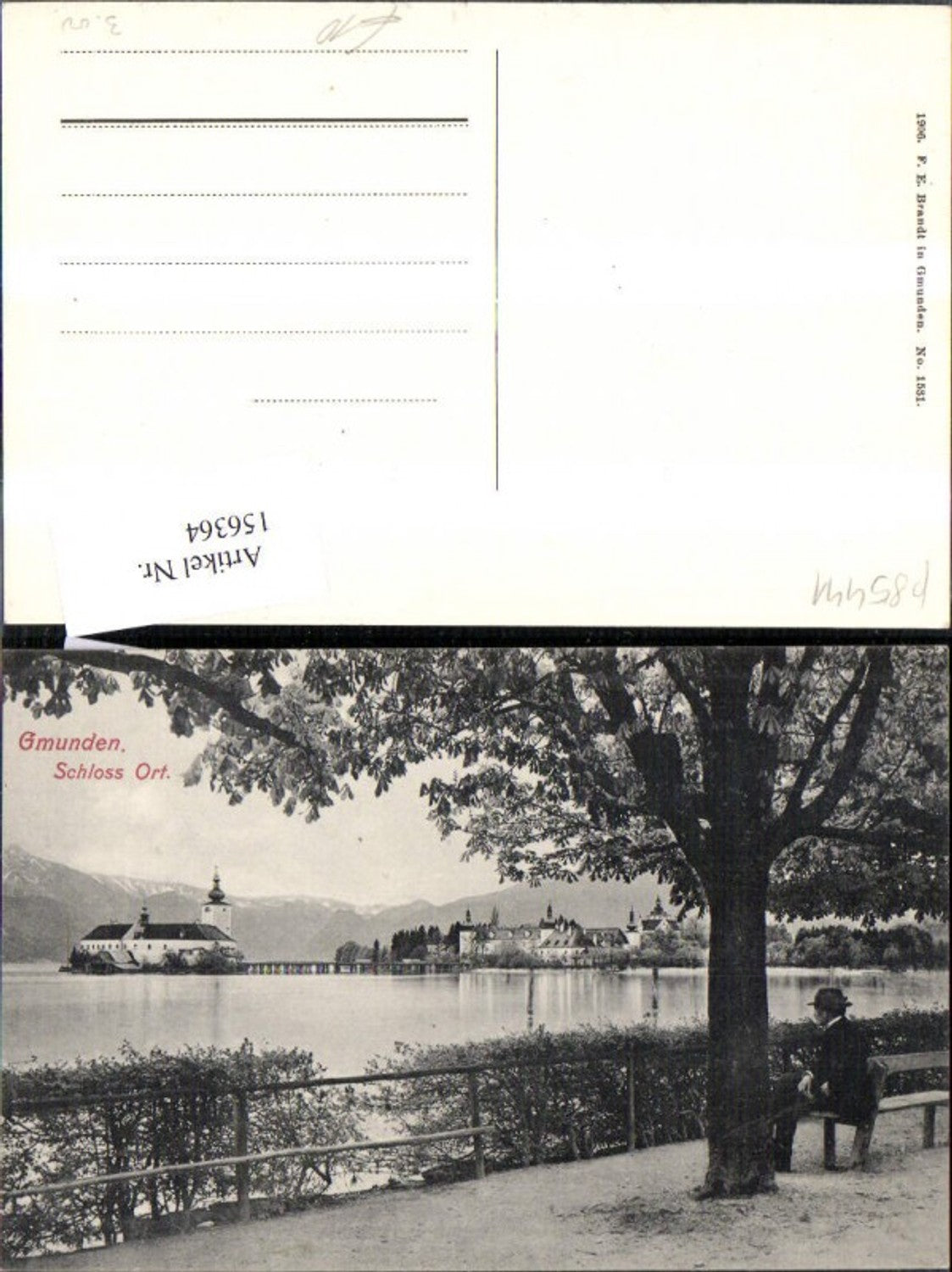 156364,Gmunden Schloss Ort Orth Ansicht Weg Bank m. Mann Baum