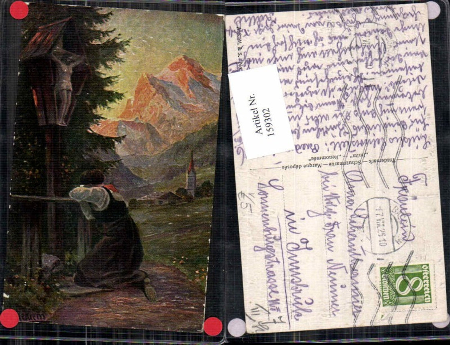 159302, ASM Imita Oil Painting Imitation Card 609 W. Rekrem signed. Praying wayside shrine mountains wayside cross