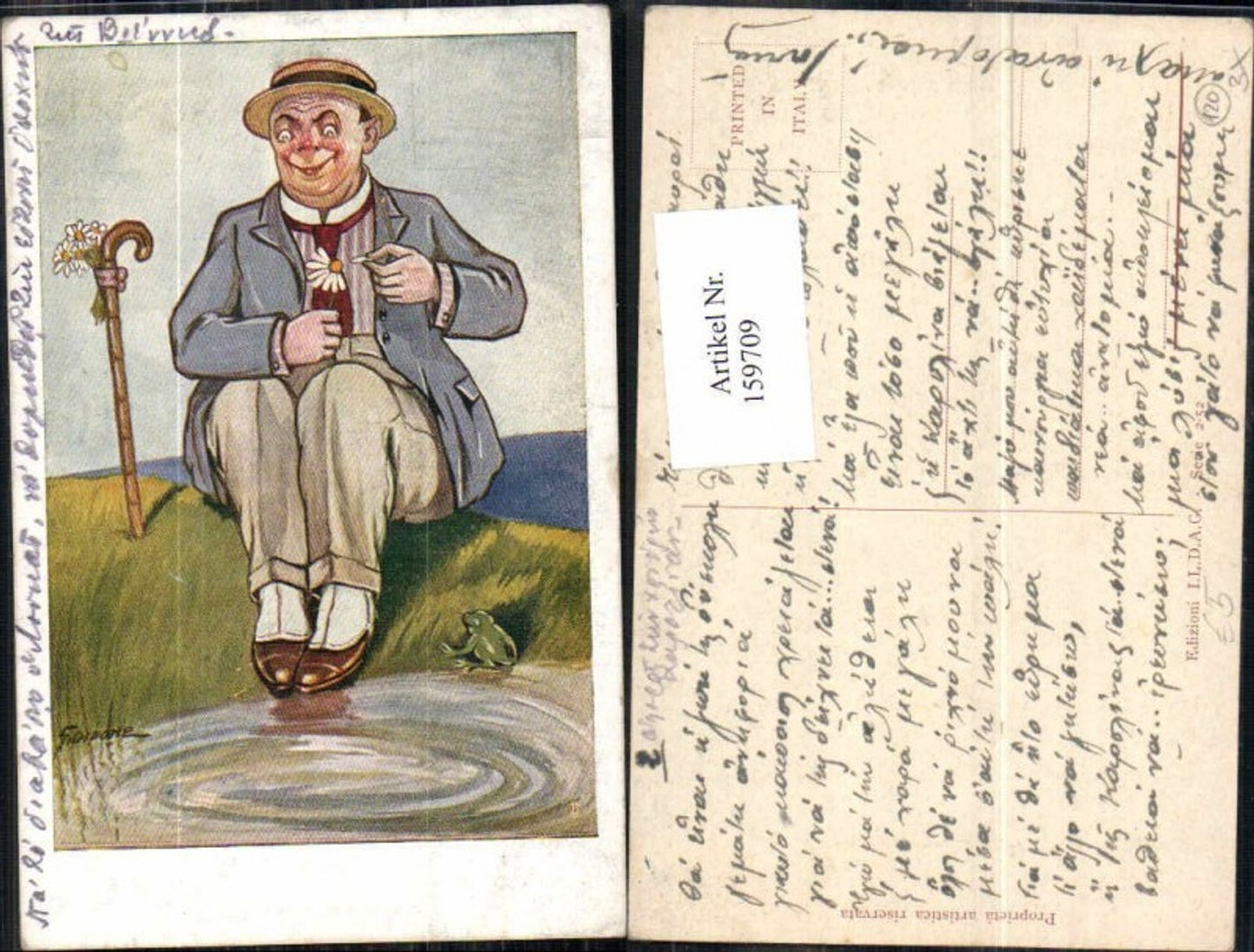 159709,Mann zupft Blume Gehstock Frosch sieht zu