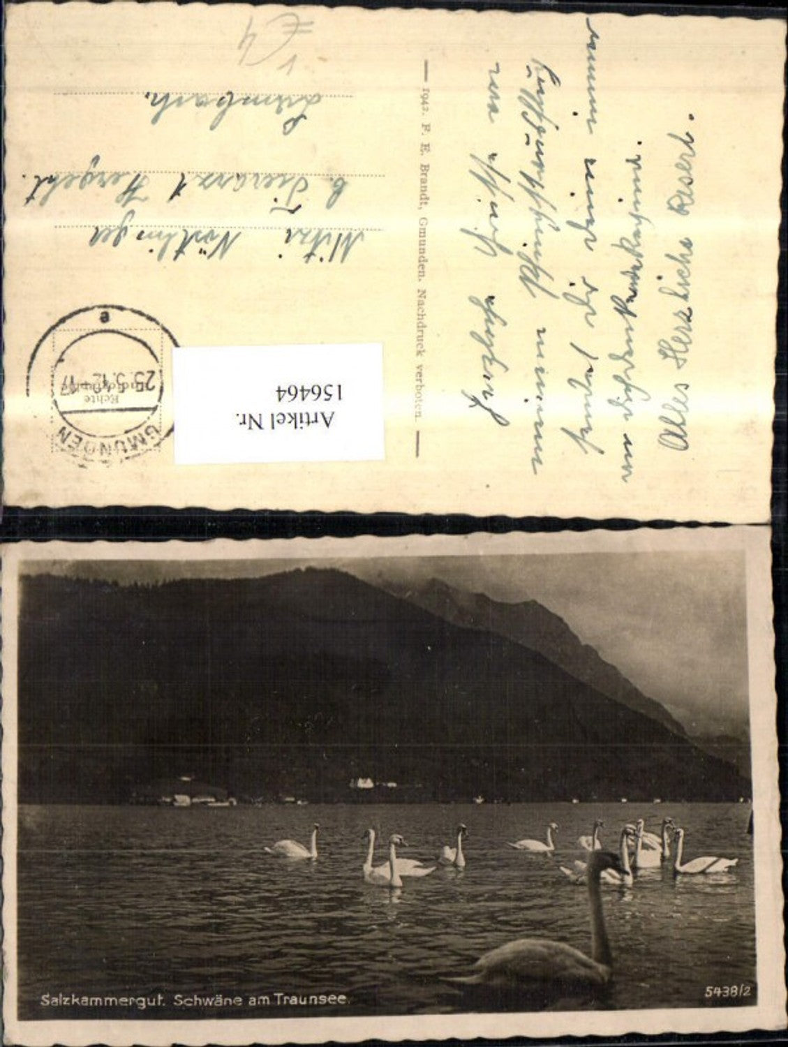 156464,Traunsee Schwäne Salzkammergut 1942 pub F E Brandt 5738/2