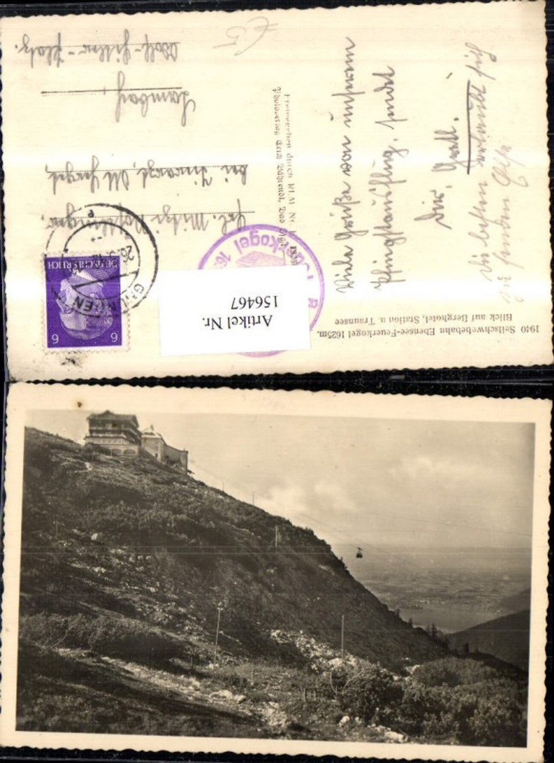 156467,Seilschwebebahn Ebensee Feuerkogel Blick a. Berghotel Bergstation u. Traunsee Seilbahn Gondel Feuerkogelbahn 1942