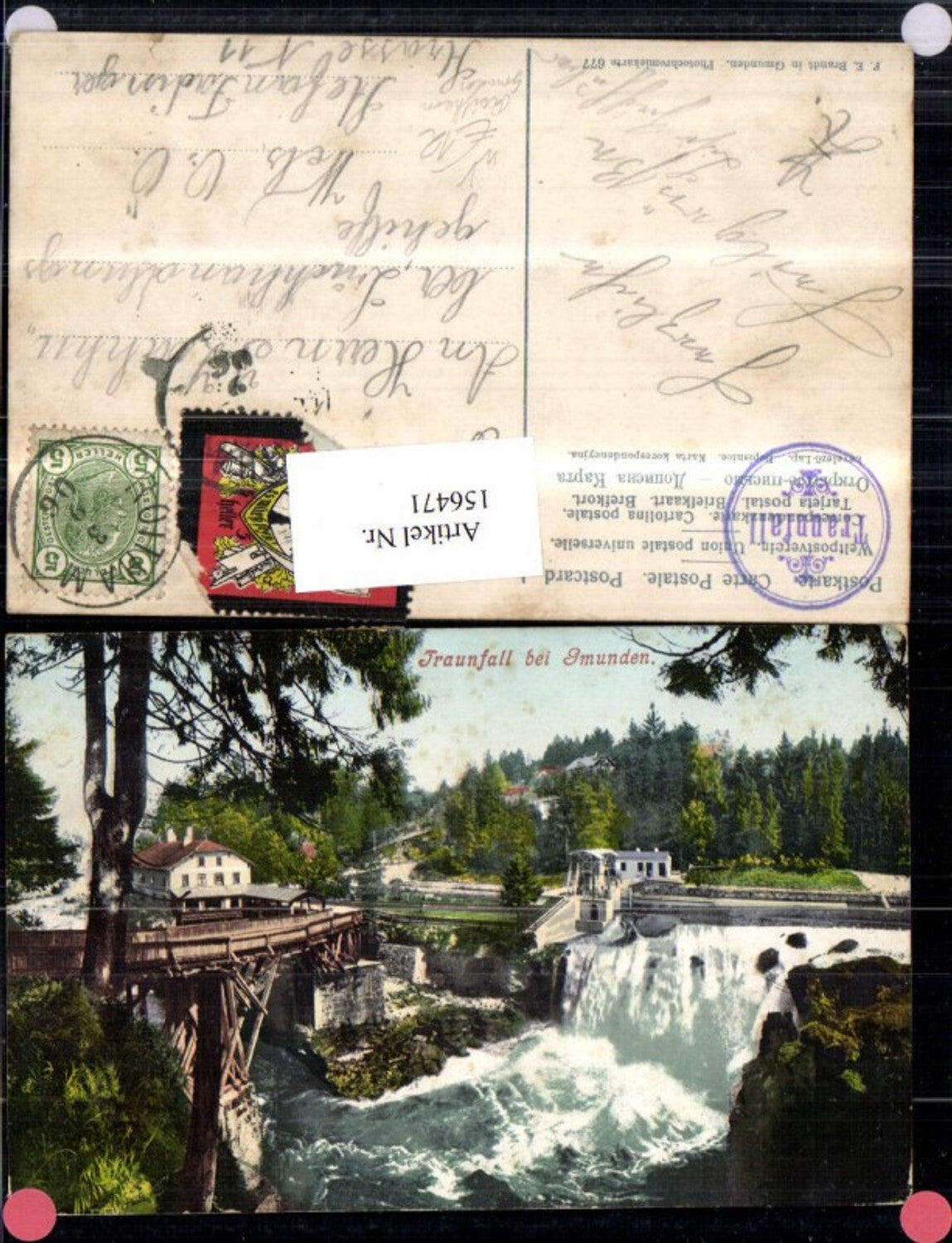 156471,Traunfall b. Gmunden Wehr Wasserfall Brücke Steyrermühl Roitham 1906 pub F E Brandt 677