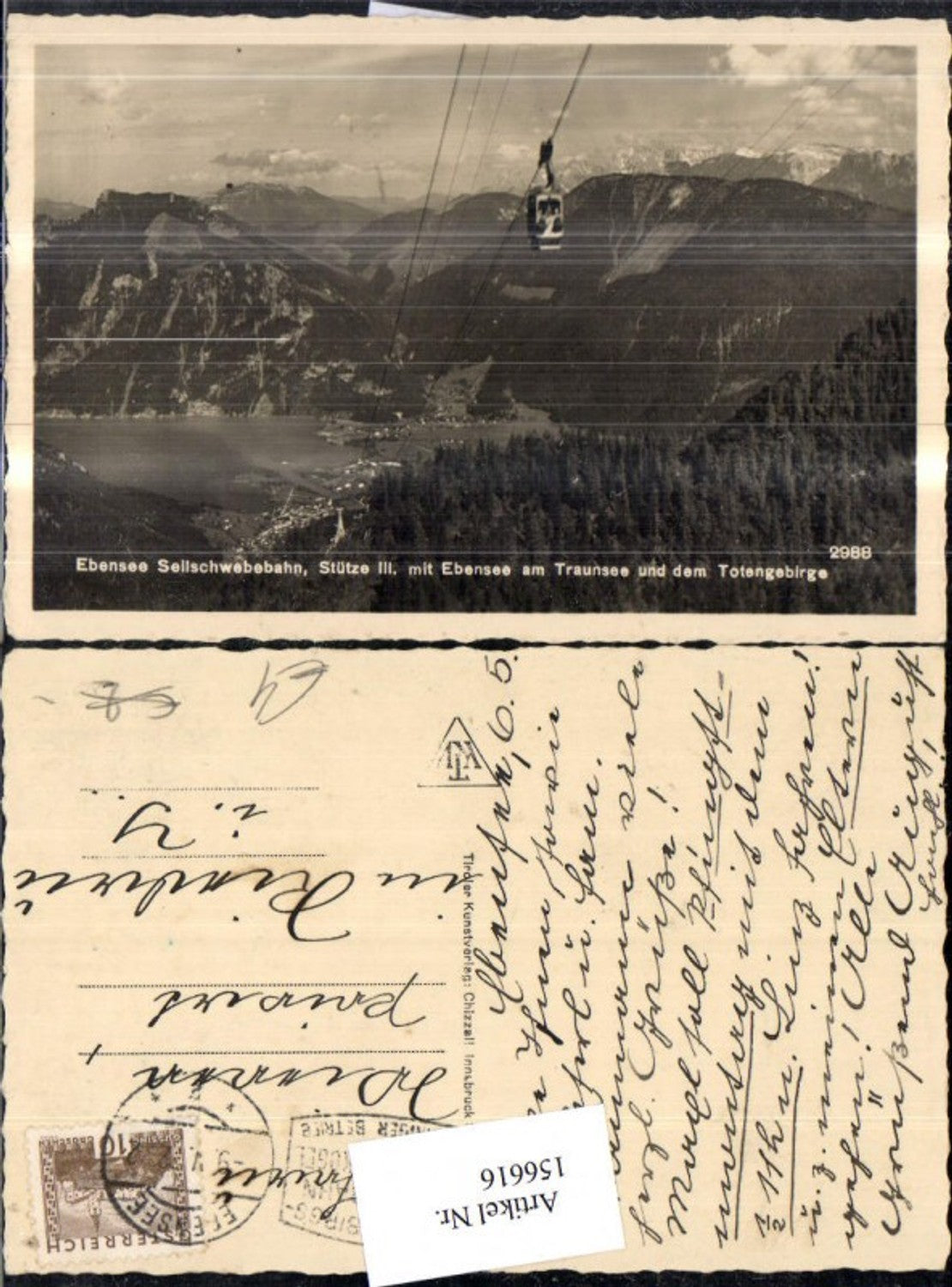 156616,Ebensee Seilschwebebahn Stütze III Feuerkogelbahn m. Ebensee Traunsee u. d. Totengebirge Gondel 1922