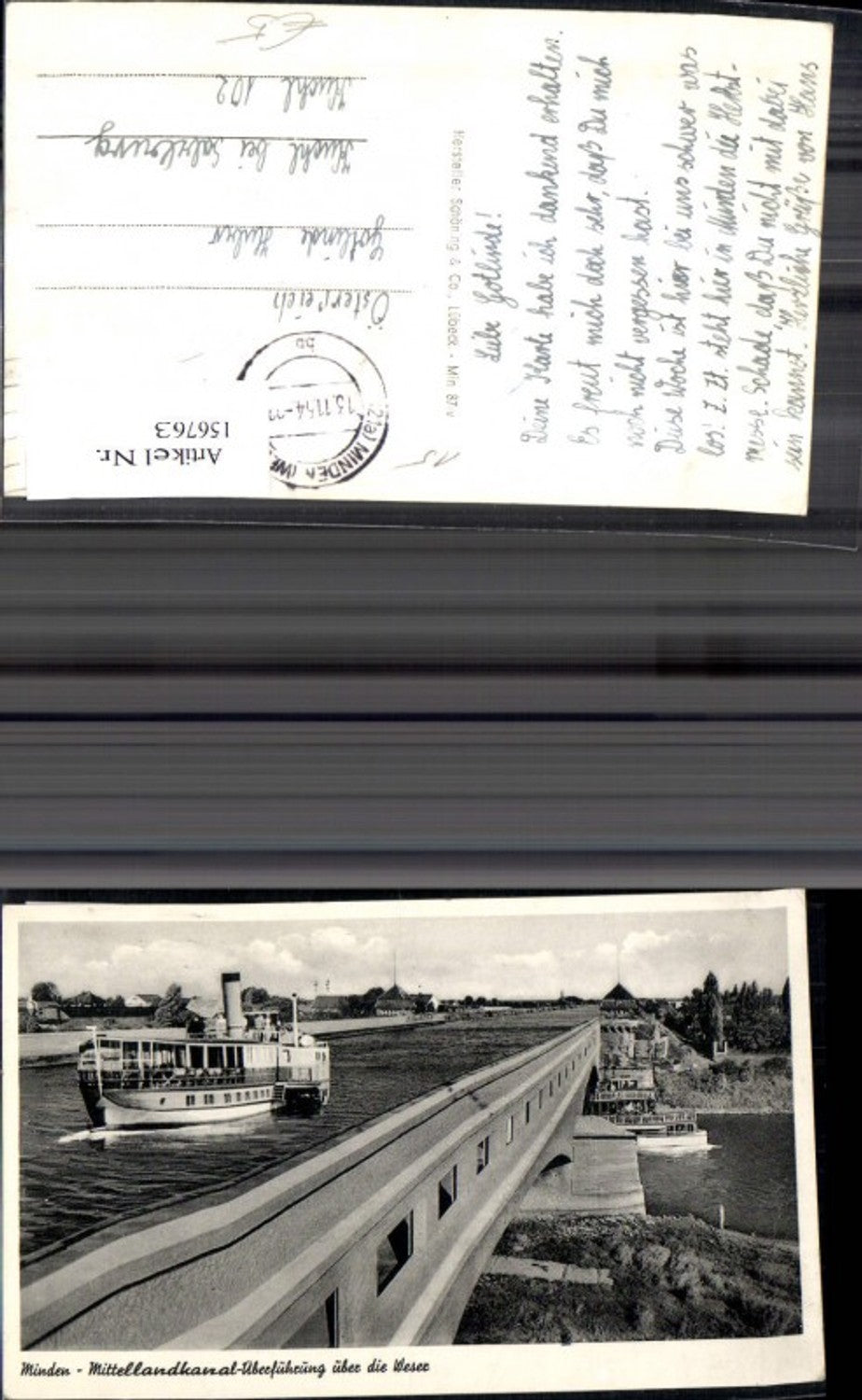 156763,Minden Mittellandkanal Überführung über d. Weser Ansicht m. Schiff Dampfer 1954