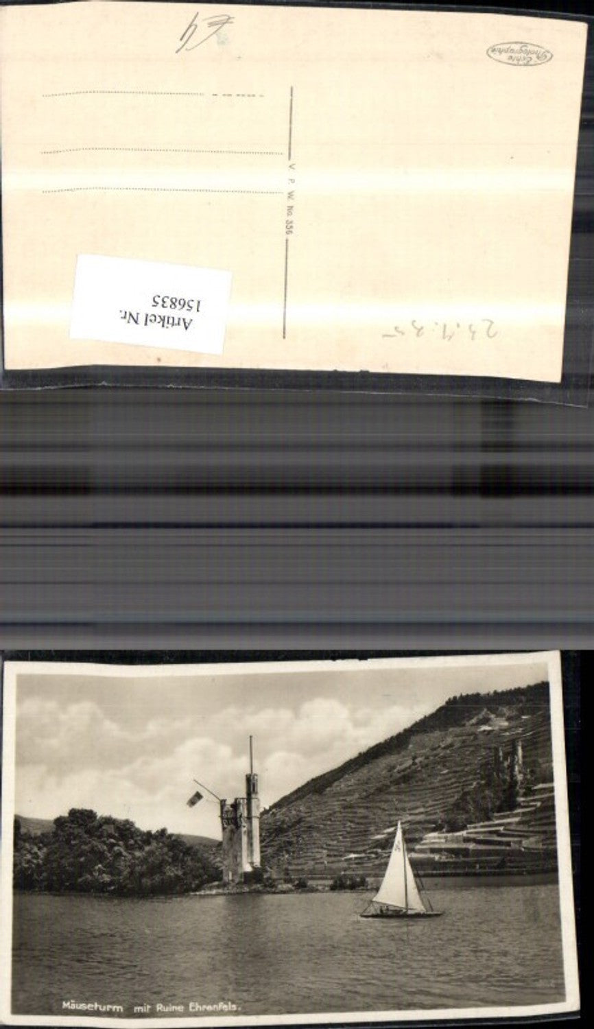 156835,Rüdesheim Mäuseturm m. Ruine Ehrenfels Rhein Segelboot