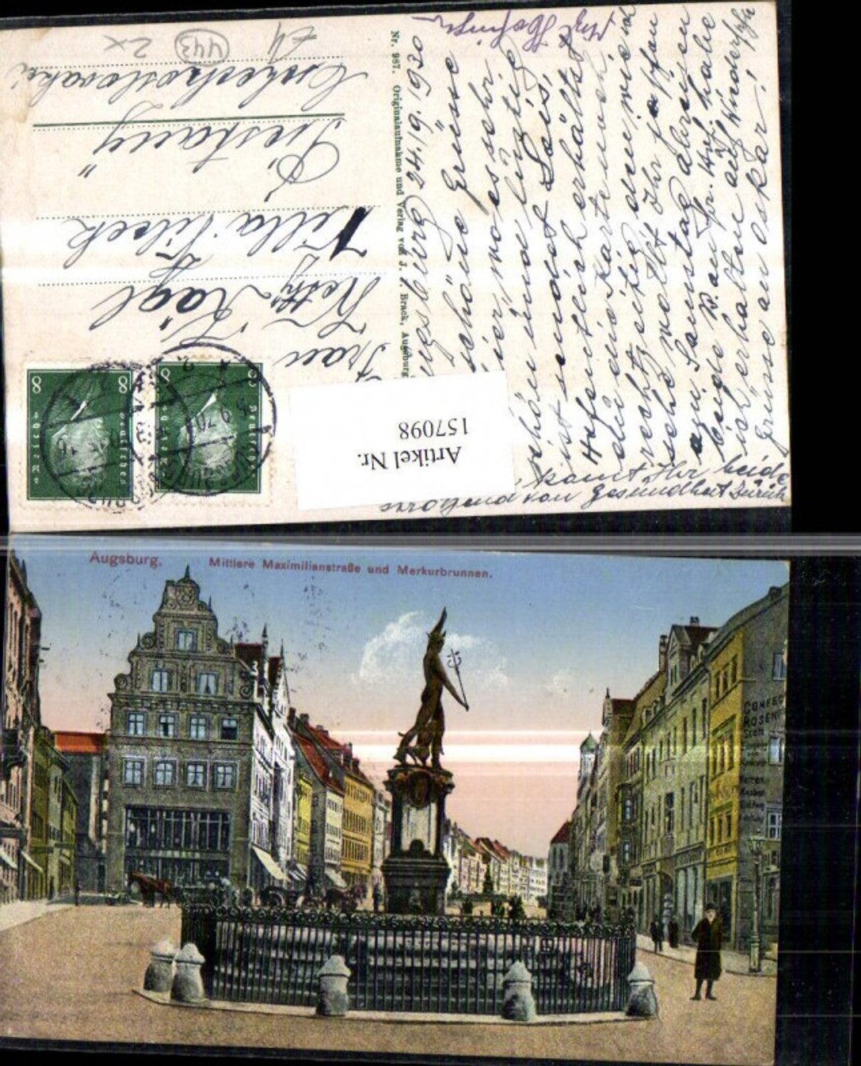 157098,Augsburg Mittlere Maximilianstrasse u. Merkurbrunnen 1930