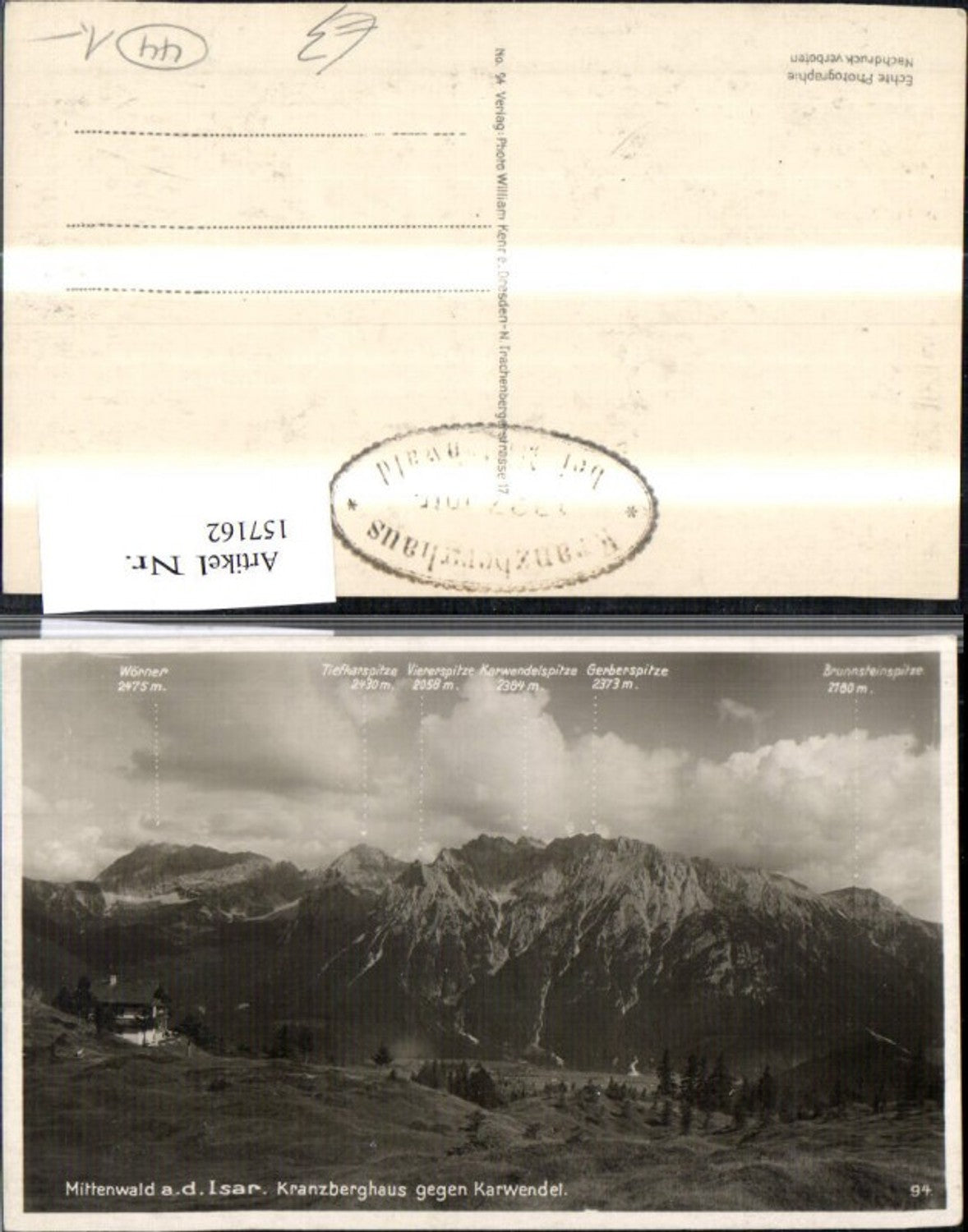 157162,Mittenwald a. d. Isar Kranzberghaus geg. Karwendel Gipfelkarte