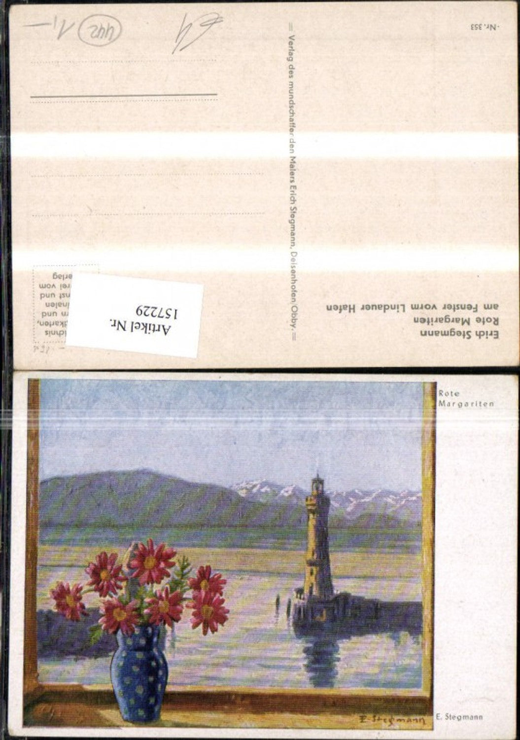157229,Künstler Ak Rote Margariten a. Fenster v. Lindauer Hafen sing Erich Stegmann