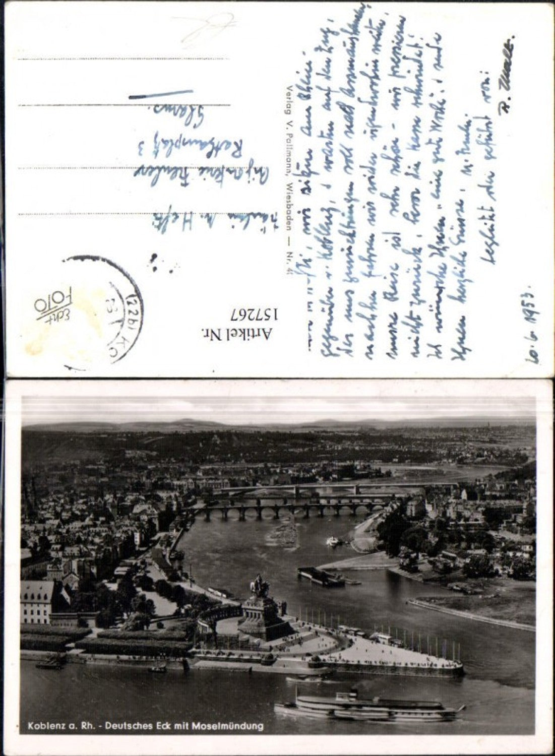 157267,Koblenz a. Rhein Deutsches Eck m. Moselmündung Ansicht m. Schiff Dampfer 953