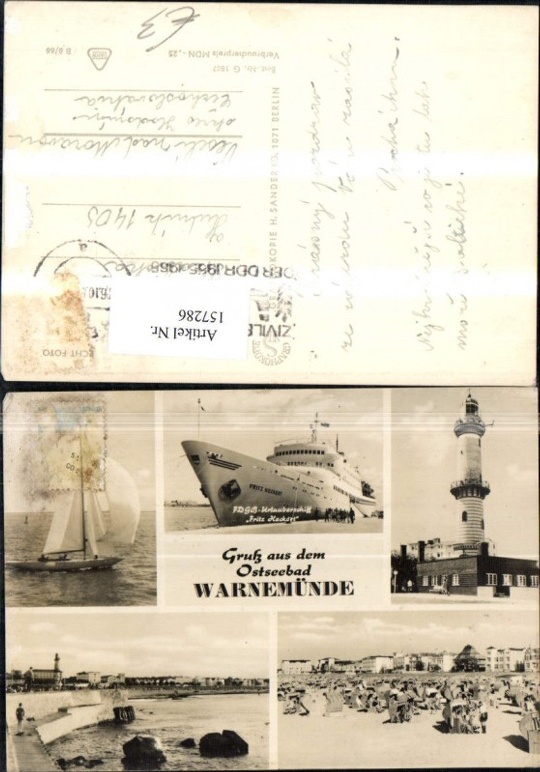 157286, Baltic Sea resort Warnemünde, multi-image postcard, holiday ship Fritz Heckart, lighthouse, beach chairs, Rostock