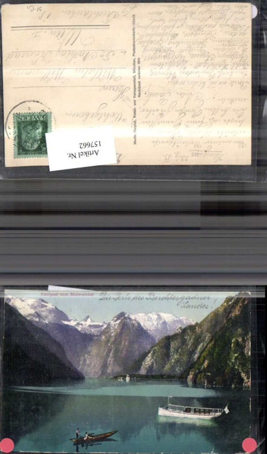 157662,Königsee v. Malerwinkel Ansicht m. Schiff Boot 1913