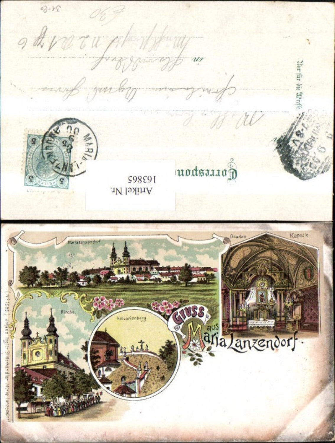 163865,Gruss a. Maria Lanzendorf Litho 1900 Kalvarienberg Kirche Gnaden Kapelle