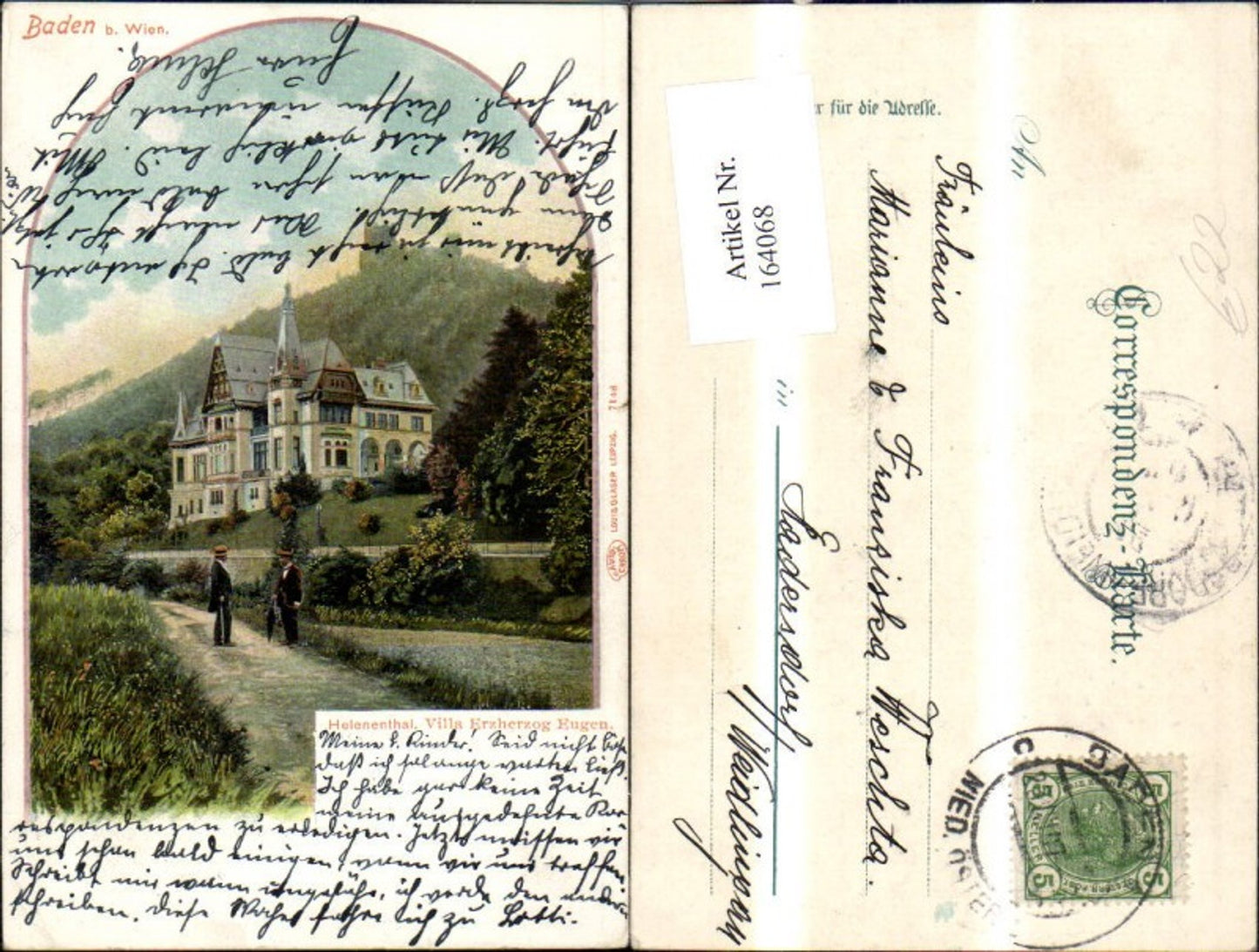 164068,tolle Litho Baden b. Wien Helenenthal Villa Erzherzog Eugen m. Männer