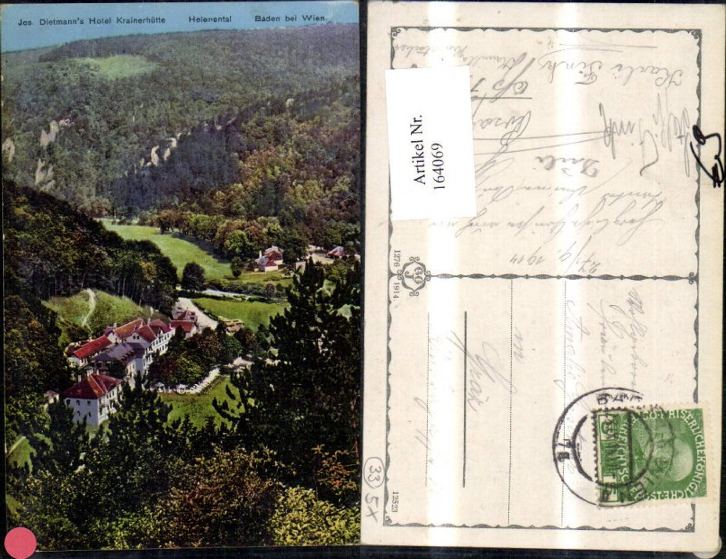 164069,Baden b. Wien Helenental Jos. Dietmanns Hotel Krainerhütte 1917