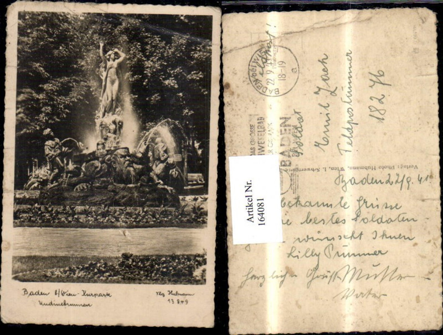 164081,Baden b. Wien Kurpark Undinebrunnen Springbrunnen 1941