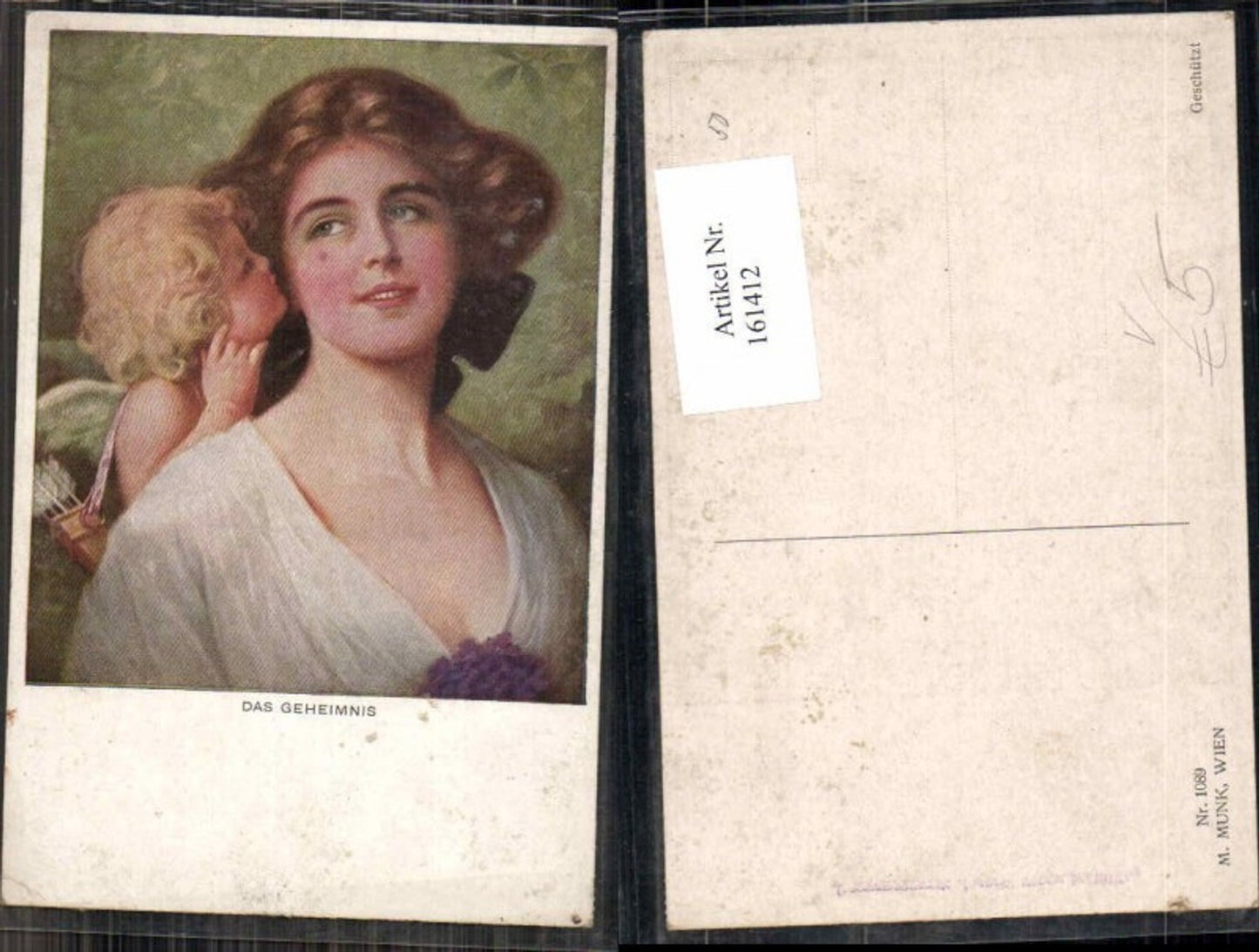 161412,M. Munk Vienne 1089 Amor Engel flüstert Frau ins Ohr Geheimnis