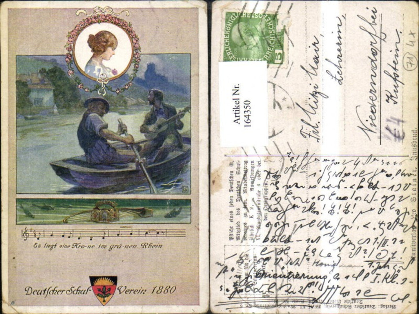 164350,Dt Schulverein Nr 91 Es liegt eine Krone i. Grünen Rhein Ruderboot Gitarre Mädchenkopf