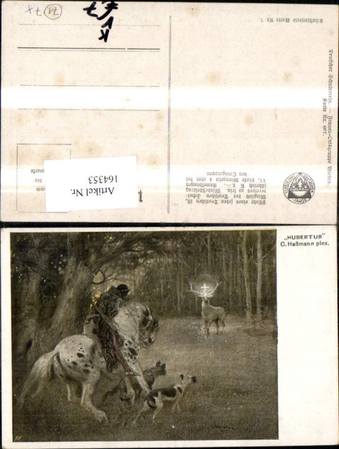 164353,Dt Schulverein Nr 607 Hubertus Mann Hirsch Kreuzgeweih Geweih Hunde Perd sign C Haßmann
