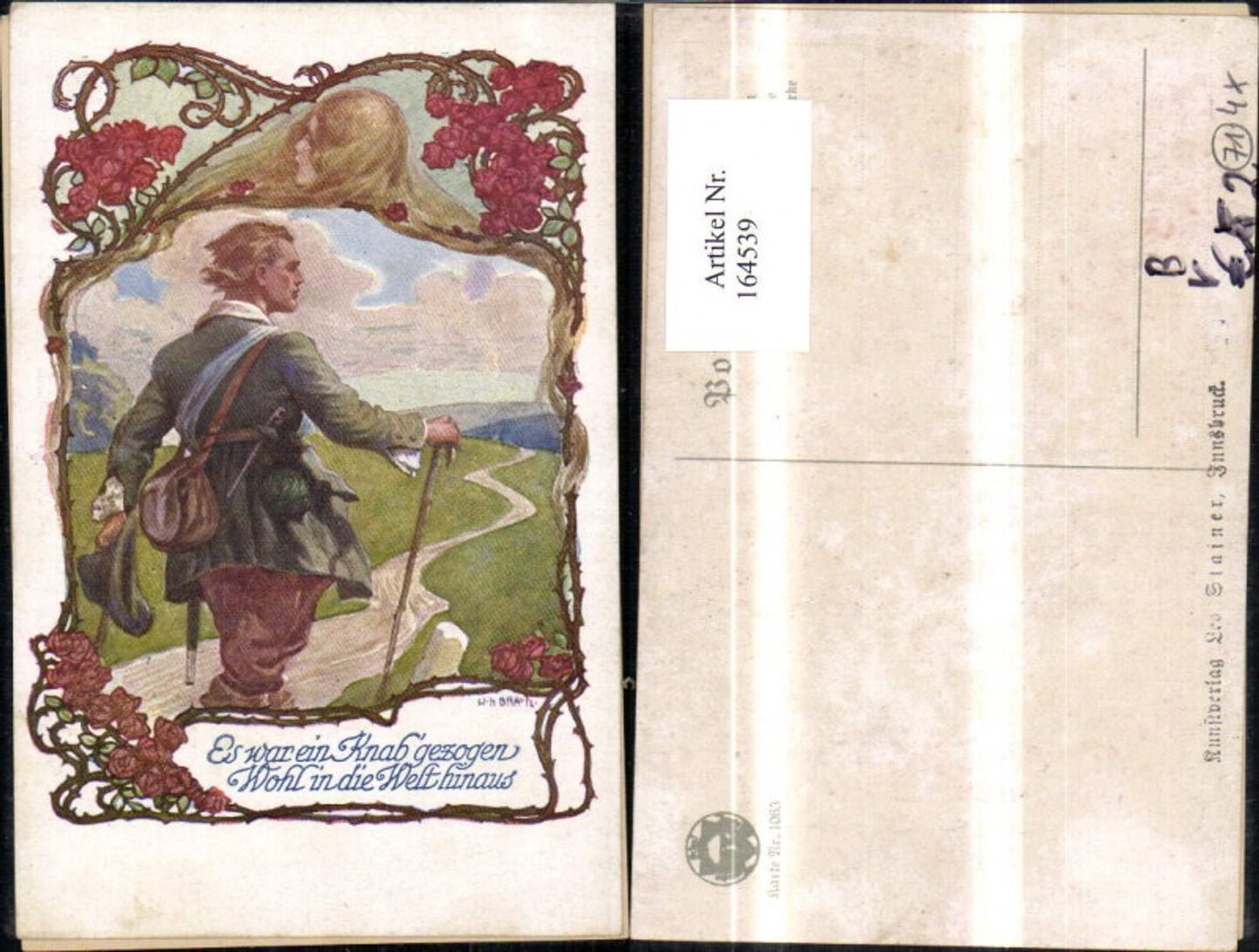164539,Dt Schulverein 1063 Es war ein Knab gezogen Wohl i. d. Welt hinaus Mann Wanderer Wanderstock Hut pub Leo Steiner