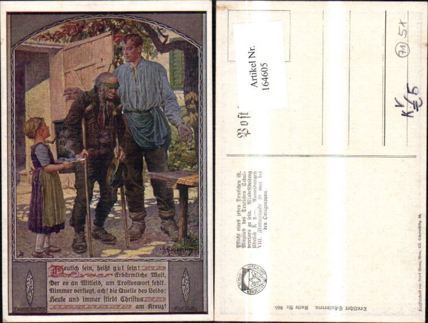 164605,Dt Schulverein 805 Kind Mann m. Alten Mann Wanderstock Spruch Reim sign F. Kuderna