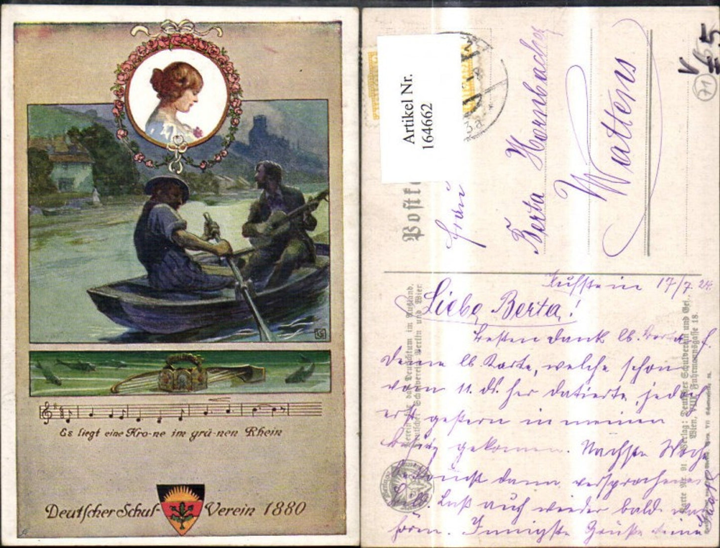 164662,Dt Schulverein 91 Es liegt eine Krone i. Grünen Rhein Ruderboot Gitarre Mädchenkopf
