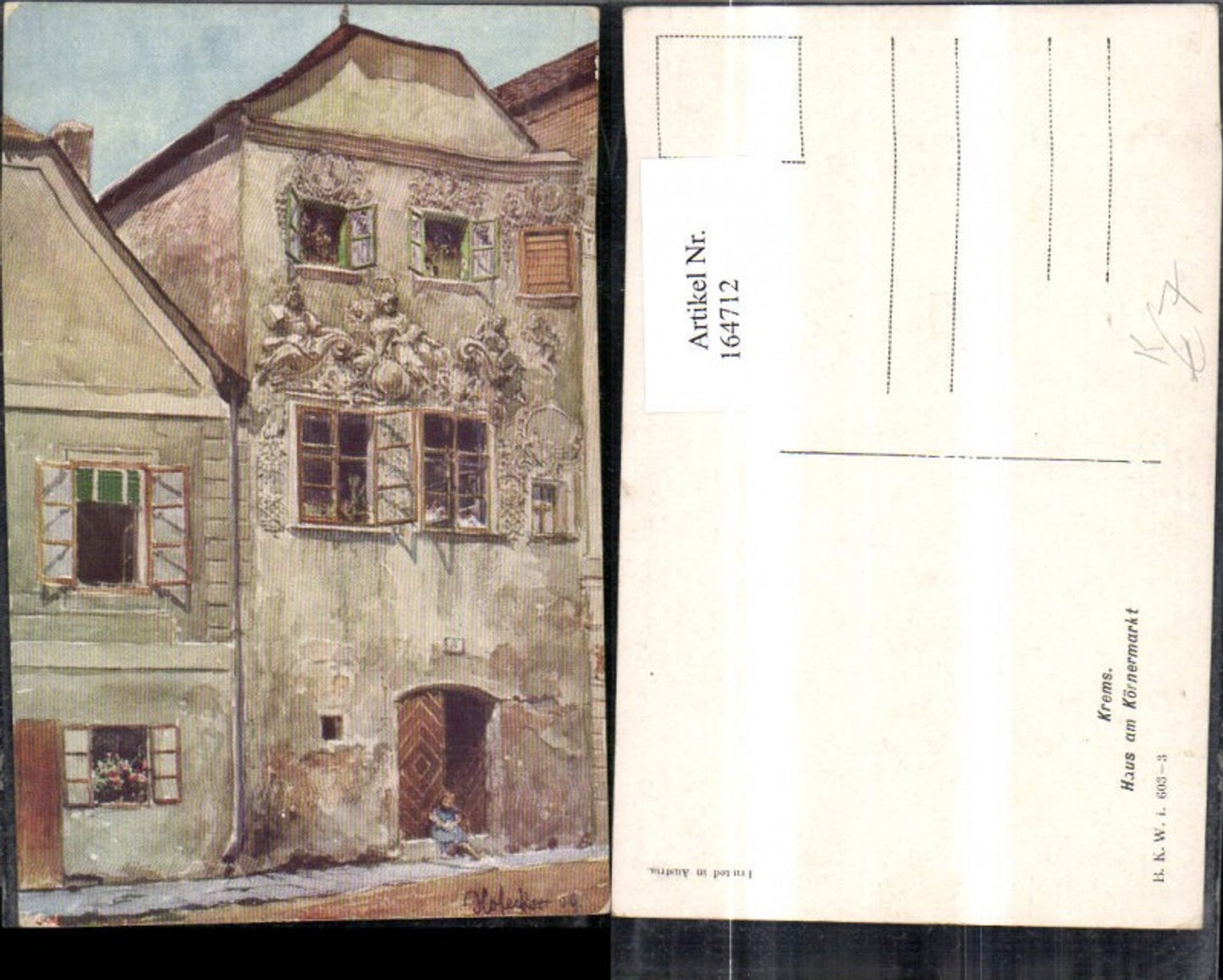 164712,Krems Künstler Ak Haus a. Körnermarkt sign E. F. Hofecker