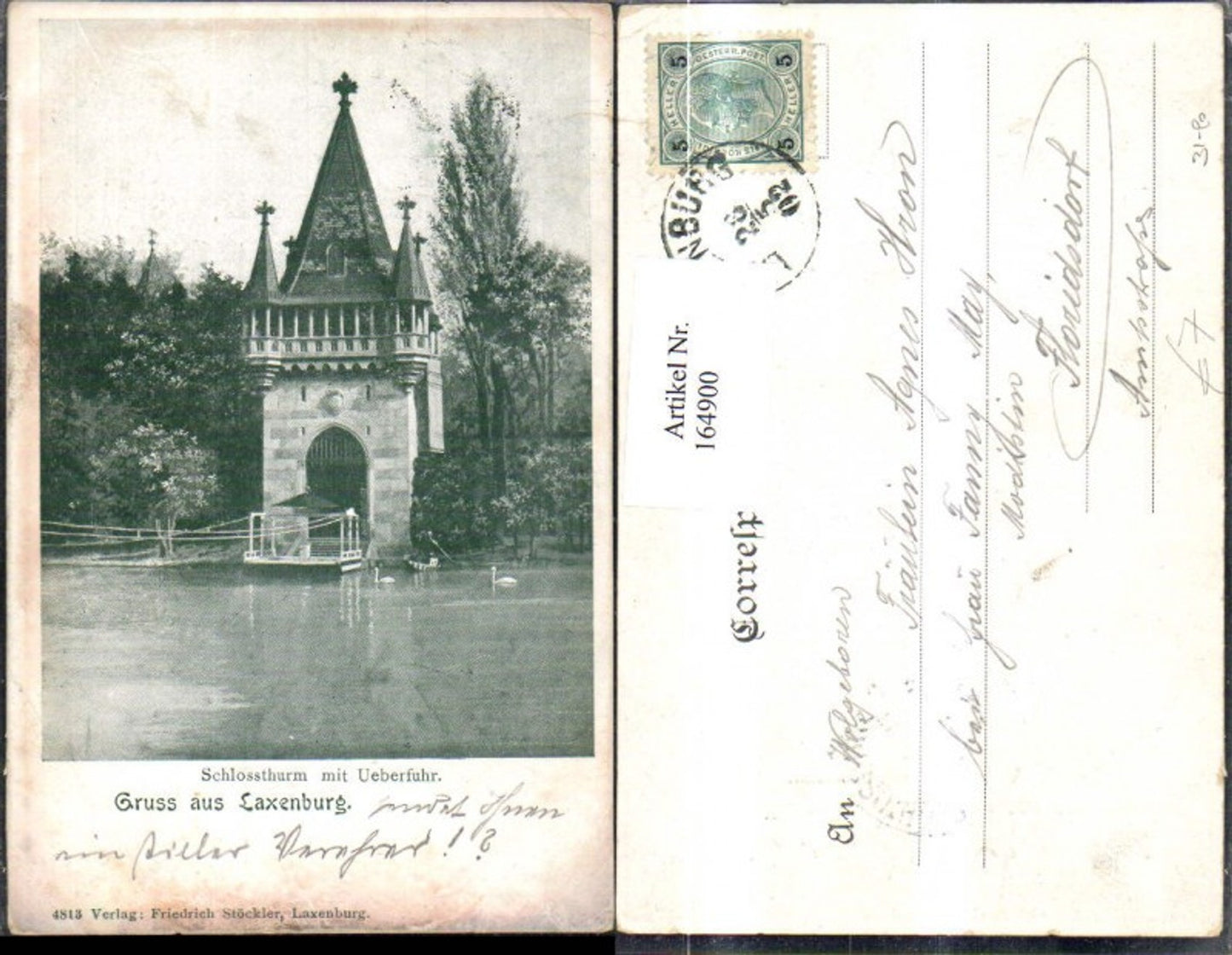 164900,Laxenburg b. Wien Schlossturm u. Überfuhr Schwäne 1902