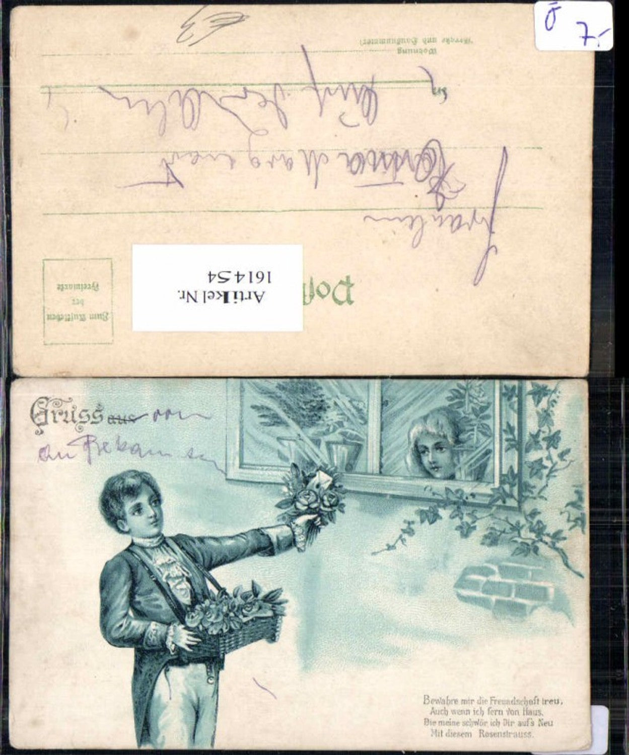 161454,Litho Junge übergibt Blumen Gruss aus 1899