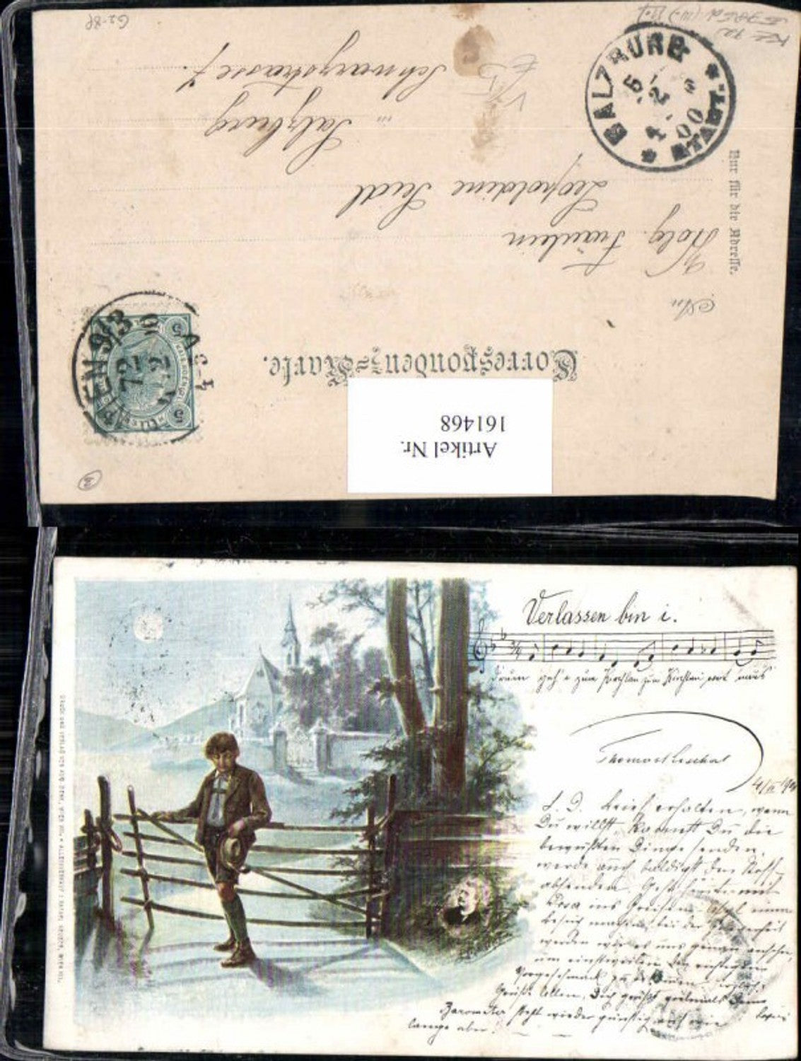 161468,Litho Verlassen bin i Liedkarte Junge am Zaun pub Rafael Neuber Stempel Wien 1900 72 a