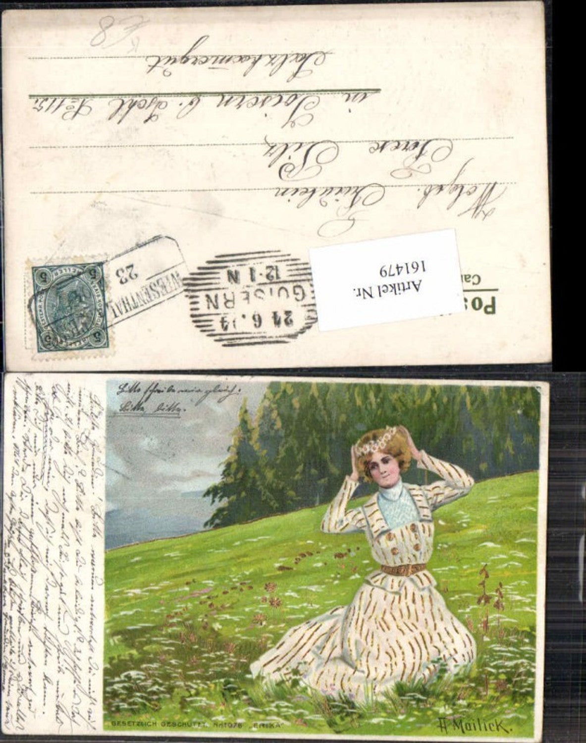 161479,Alfred Mailick Frau m. Blumenkranz am Kopf Blumen Gänseblümchen pub Erika 1076