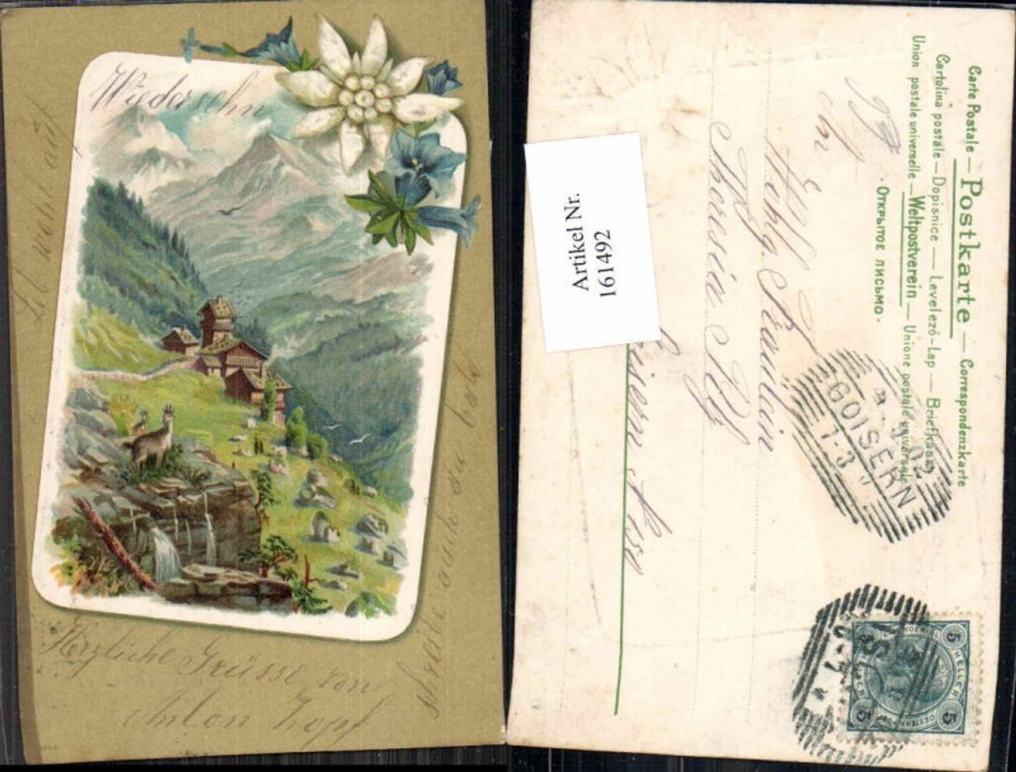 161492,Tolle Präge Litho Edelweiss Blumen Gebirge Berge Steinbock