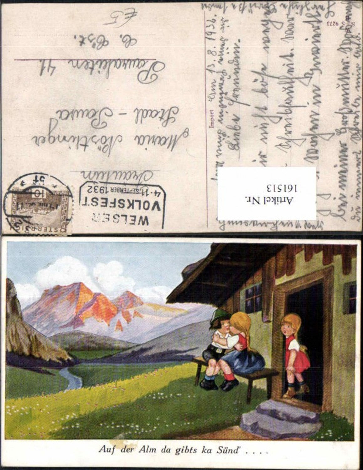 161513,Süsse Kinder AK Auf der Alm gibts ka Sünd Kuss Mädchen Junge