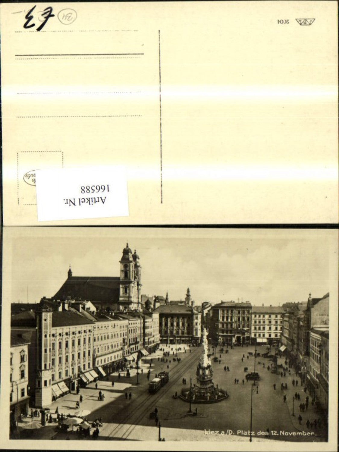 166588,Linz Hauptplatz Platz d. 12 November Strassenbahn Säule Automobil Personen
