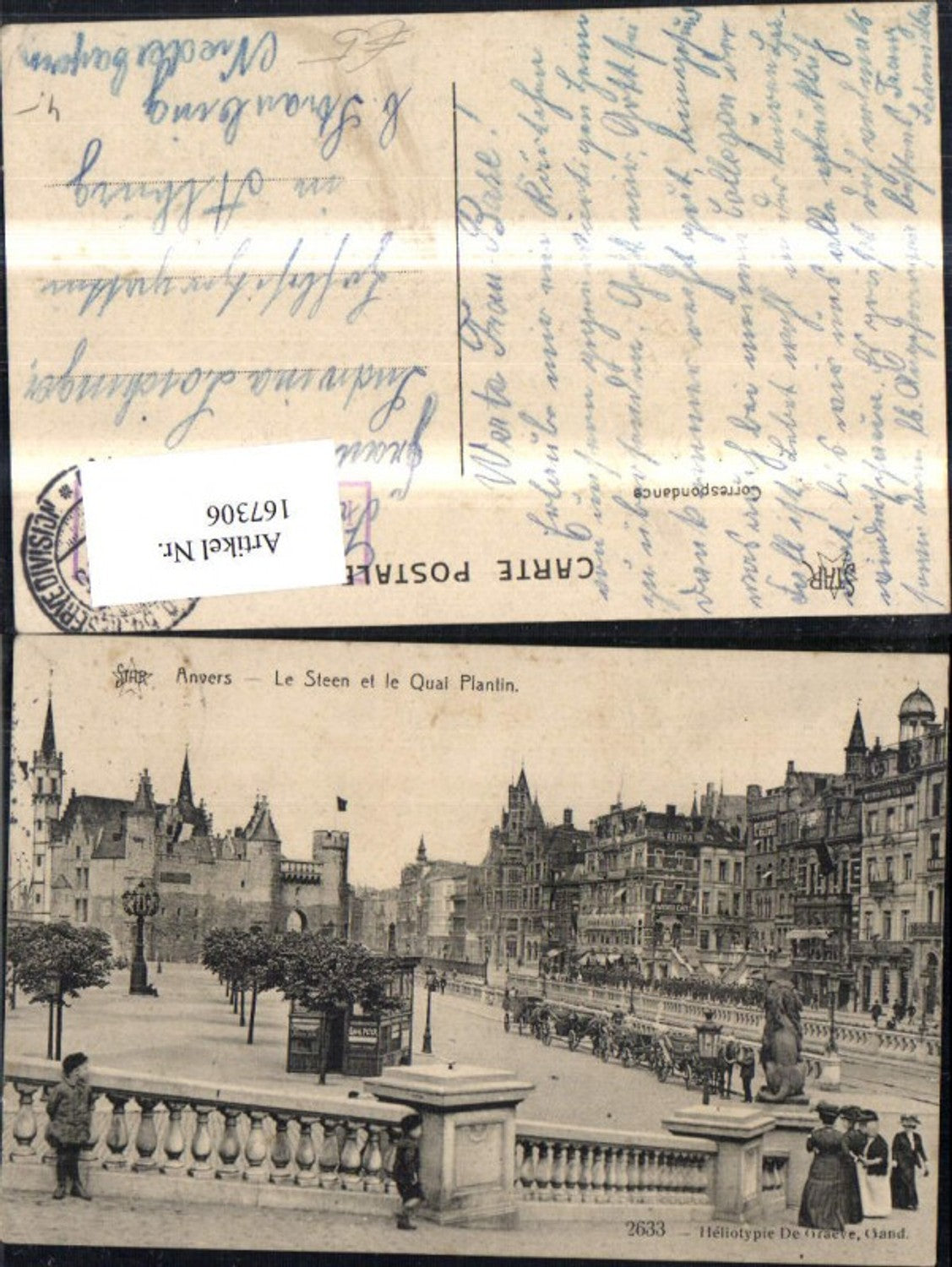 167306,Anvers Le Steen et le Quai Plantin Kutschen Personen 1915