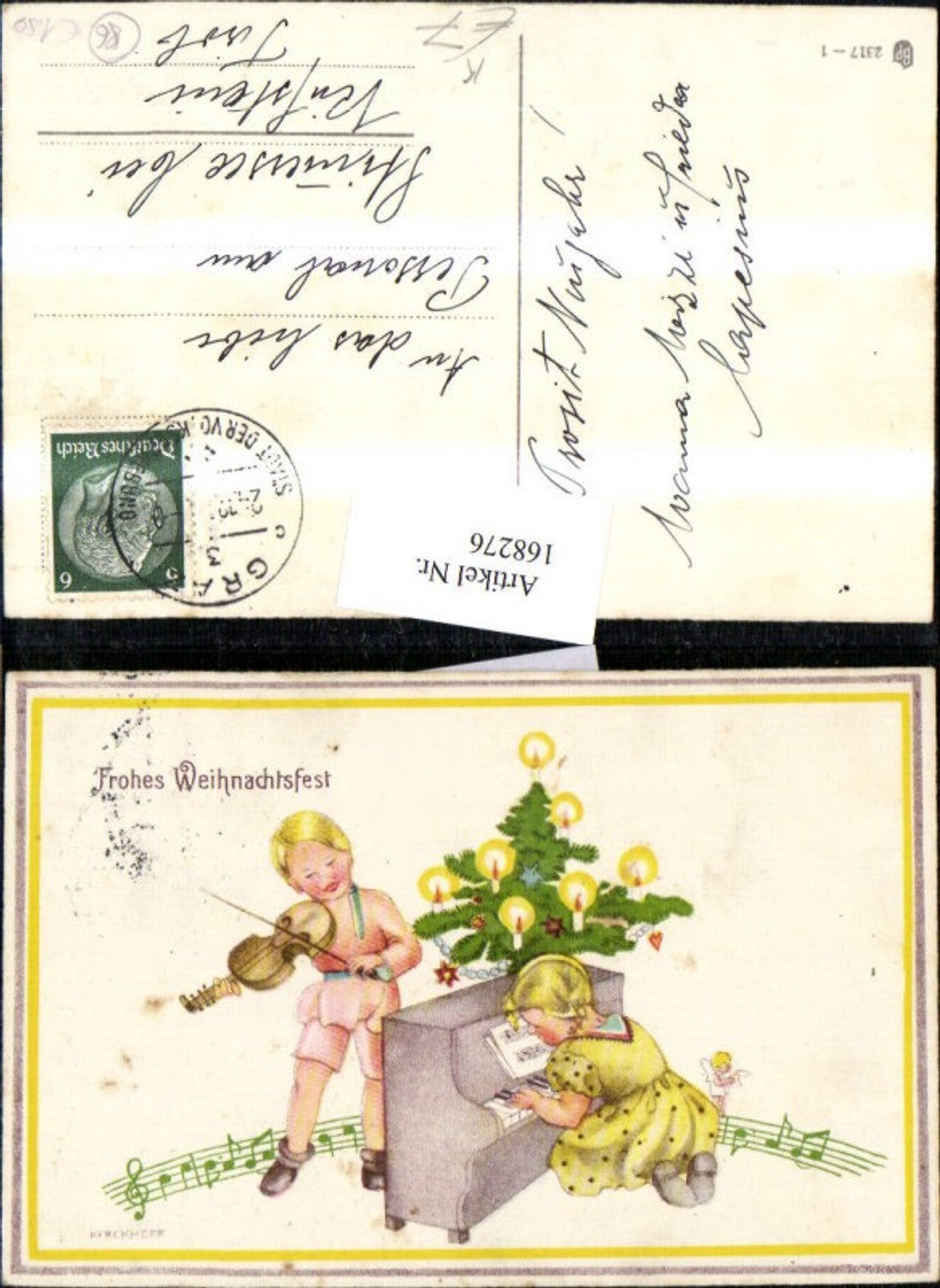 168276, Christmas artist card, girl playing music, violin, piano, tree, candles, song lyric