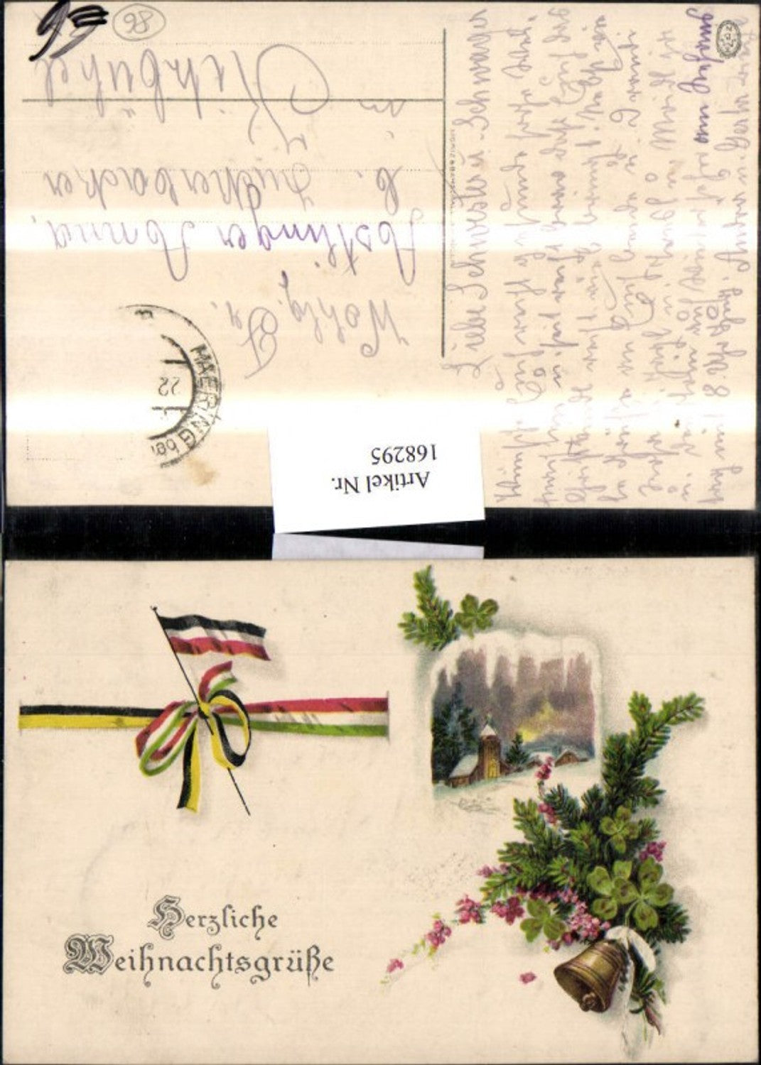 168295, Christmas snowscape church branch bell flowers clover patriotism