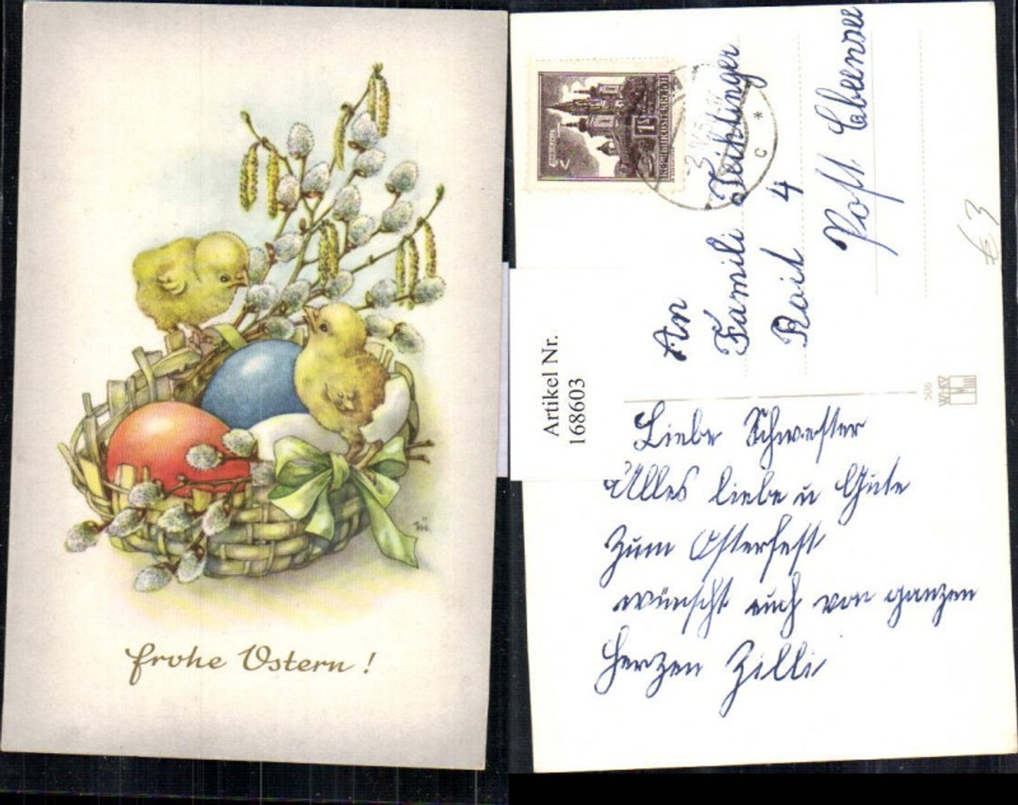 168603, Easter chicks blue and red egg basket pussy willow