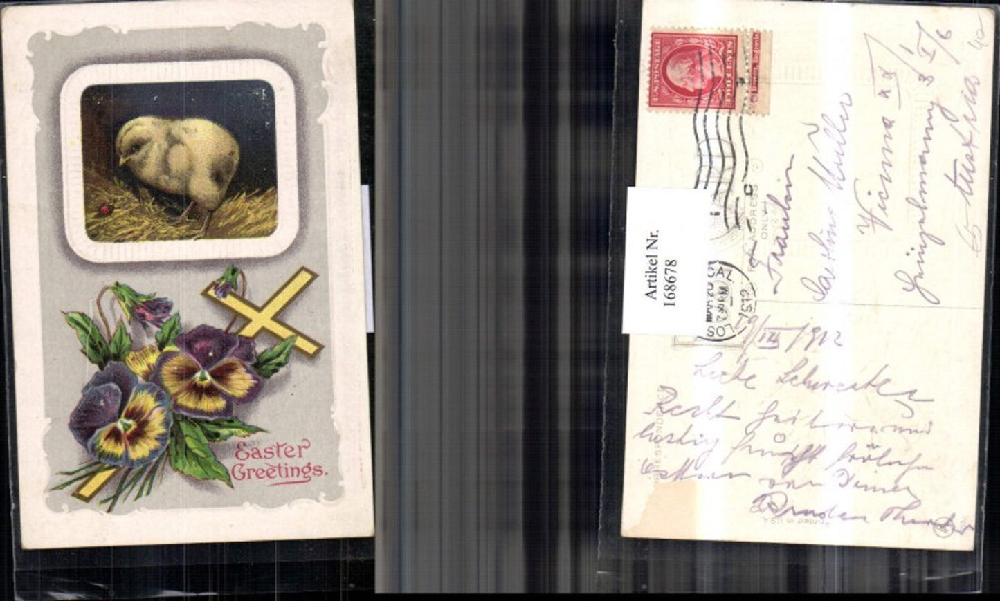 168678, Easter embossing postcard chick ladybug orchids cross