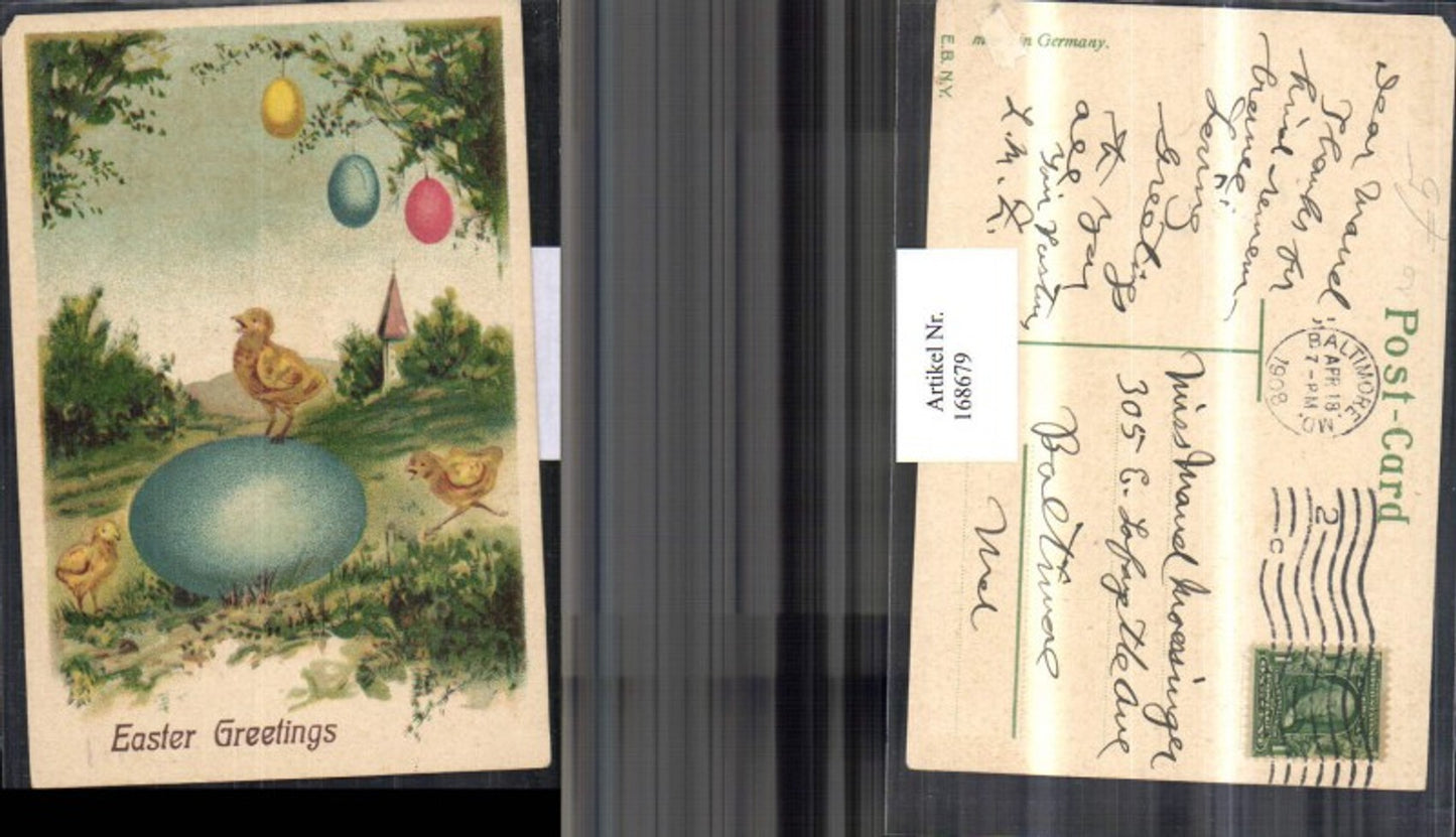 168679, Easter embossing AK chicks Easter eggs church meadow
