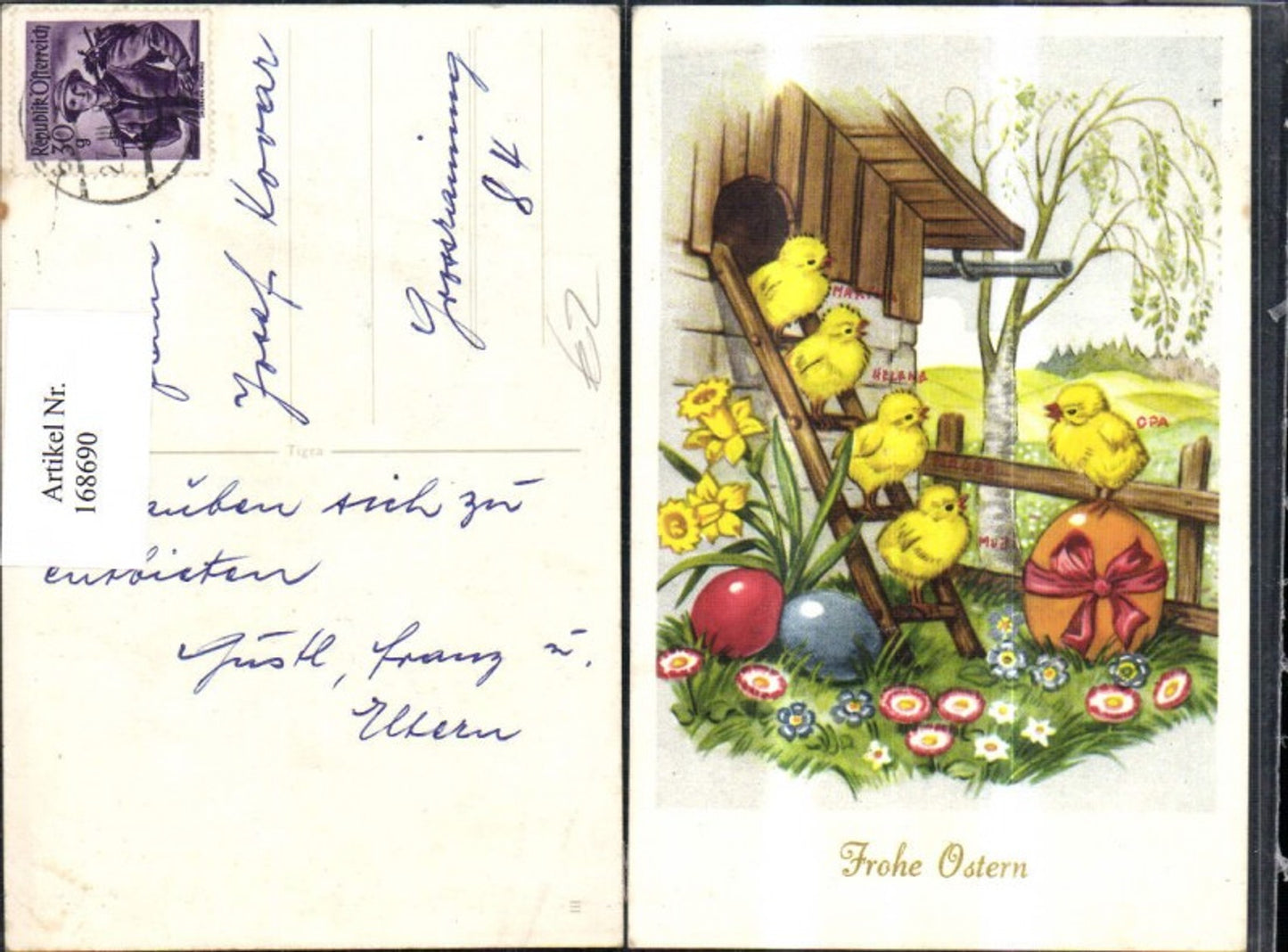 168690, Easter chicks ladder Easter eggs flowers daffodils tree