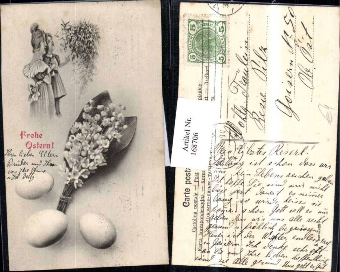 168706, Easter woman with child flowers bouquet daffodils Easter eggs